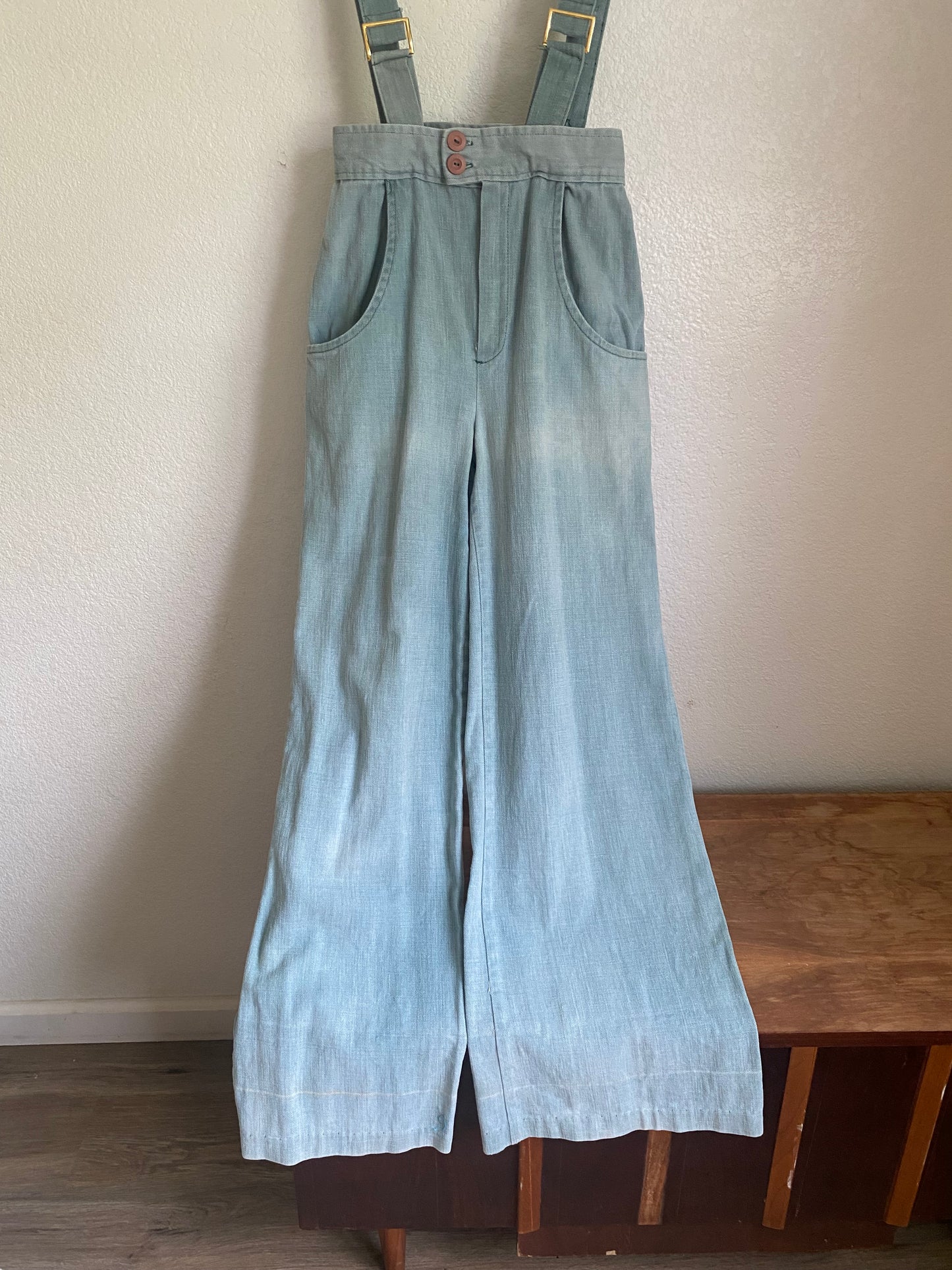 1970s Green Denim Suspender Bellbottom jumpsuit