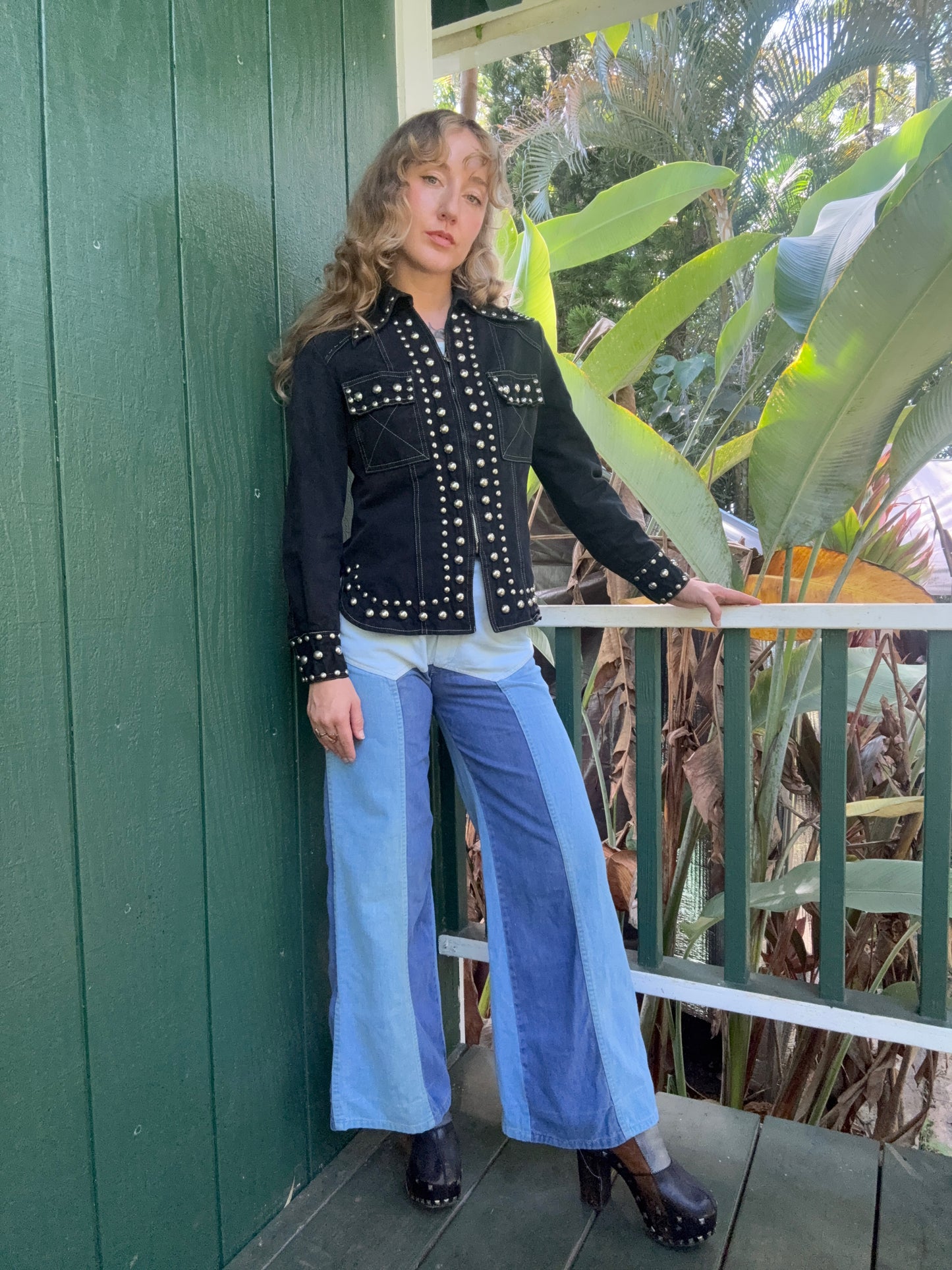 1970s Gina Teresa Black Denim Studded jacket XS/S