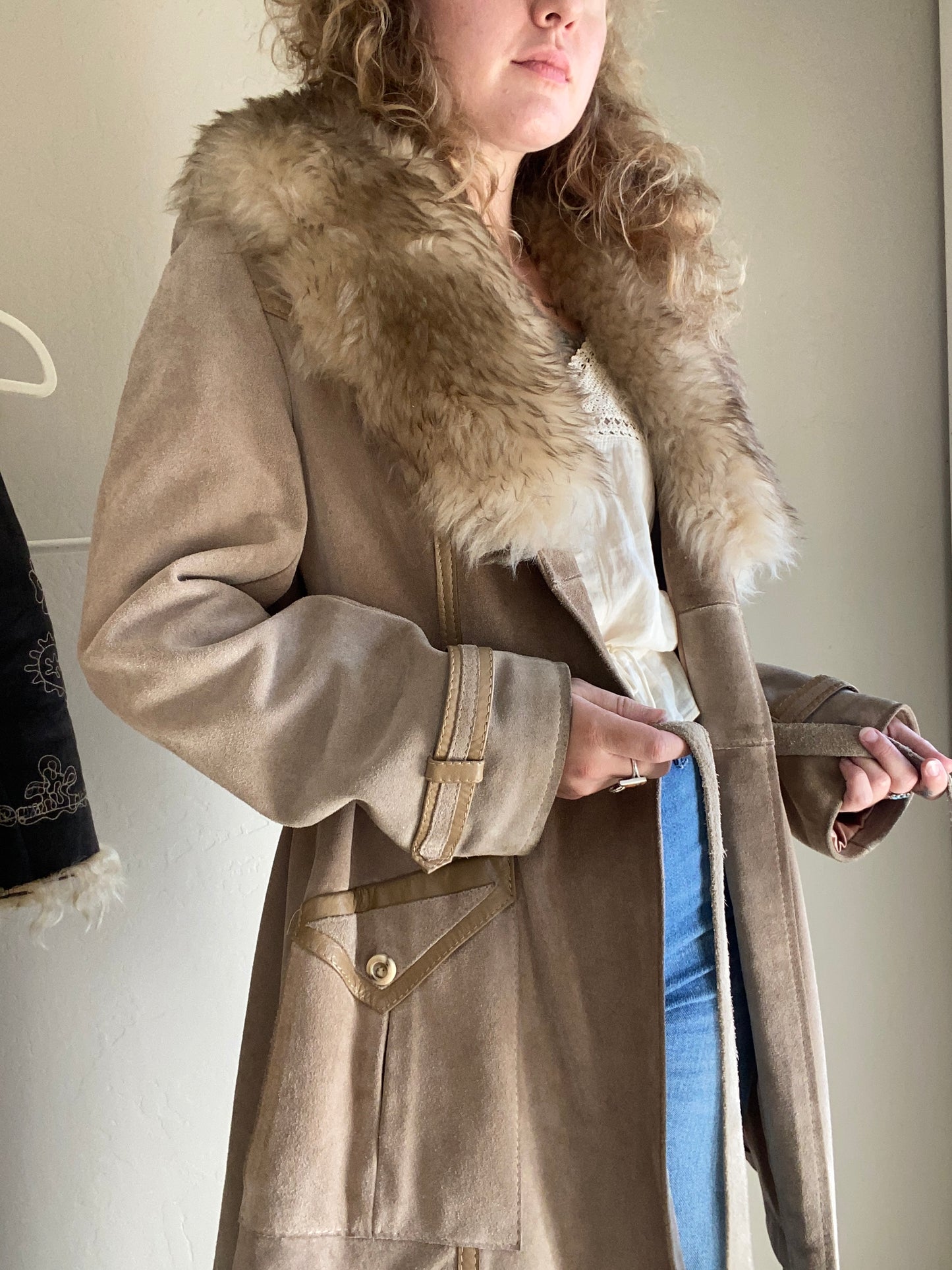 1970s Suede Leather Penny Lane Coat with Shearling Lamb Collar