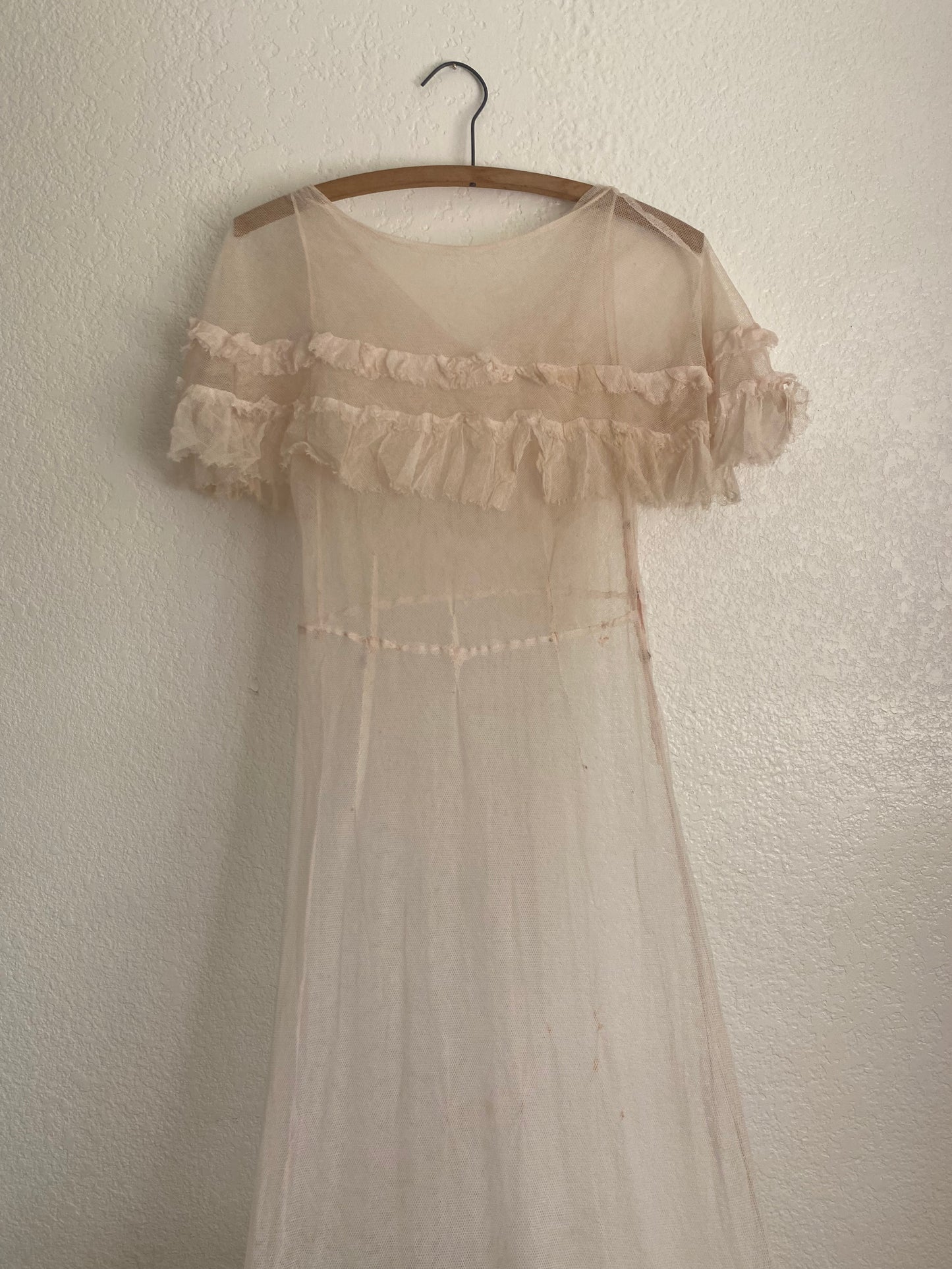 1930s Antique sheer pink net ruffle dress