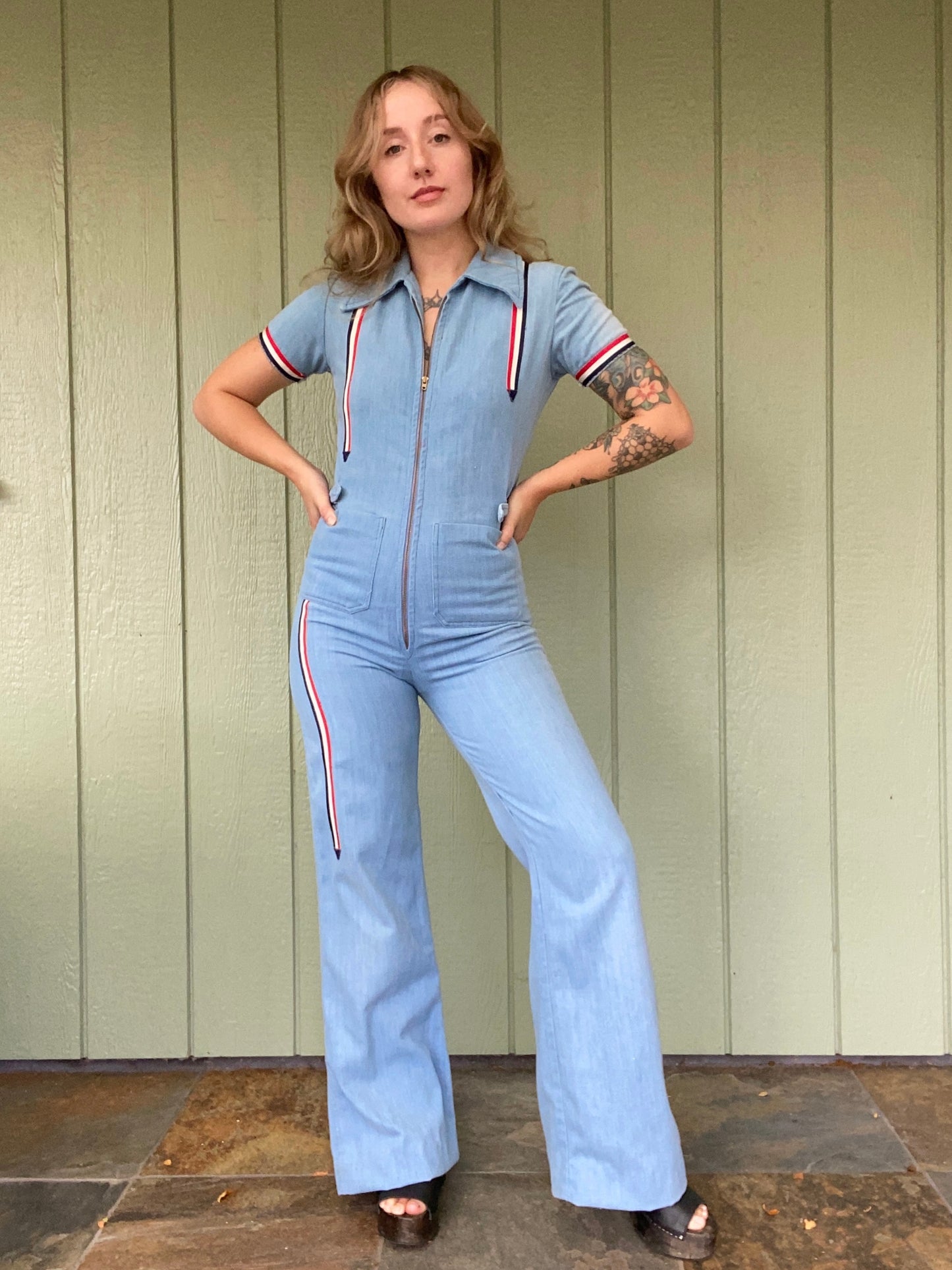 1970s Racing Stripe Denim Jumpsuit