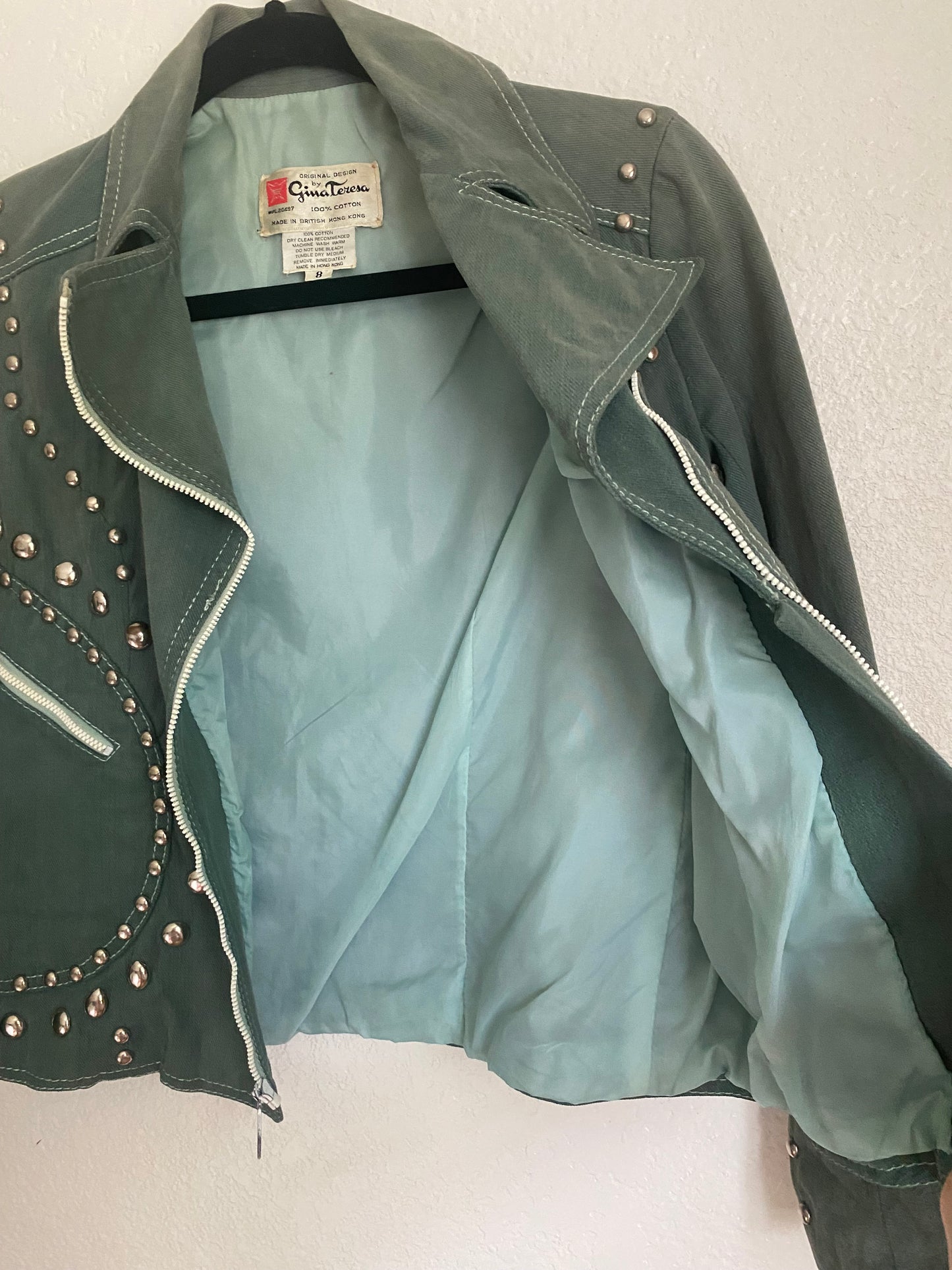 1970s Gina Teresa Studded Roncelli Style Green Denim Jacket