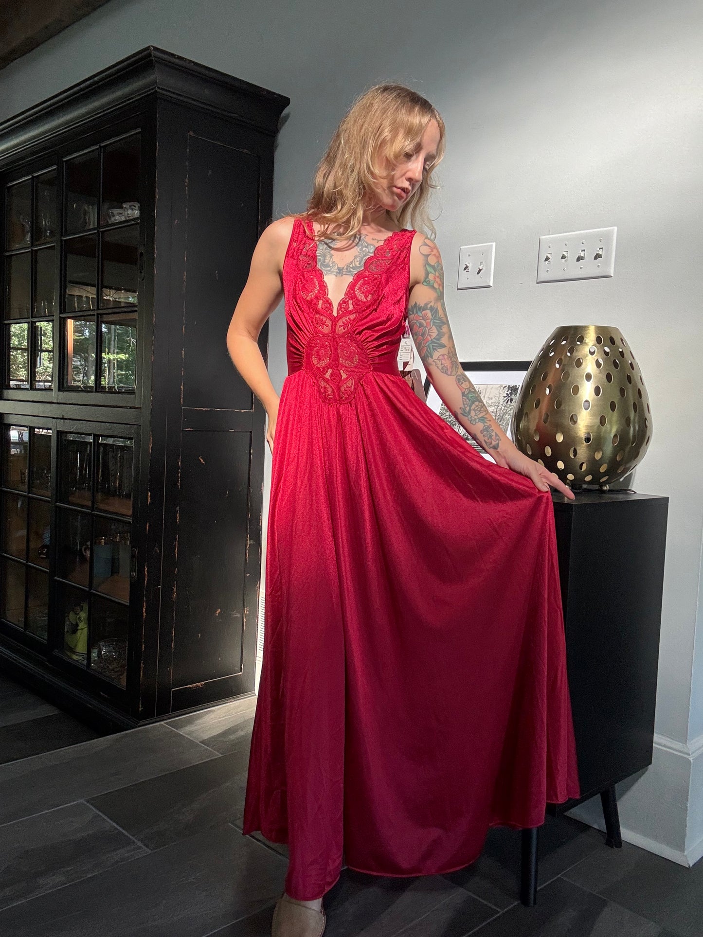 Deadstock 1980s Crimson Red Olga Gown 92280 Medium