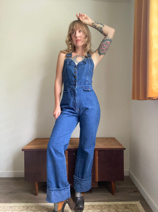 1970s S.O.B. Shades of Blue Denim Overall Jumpsuit size 13