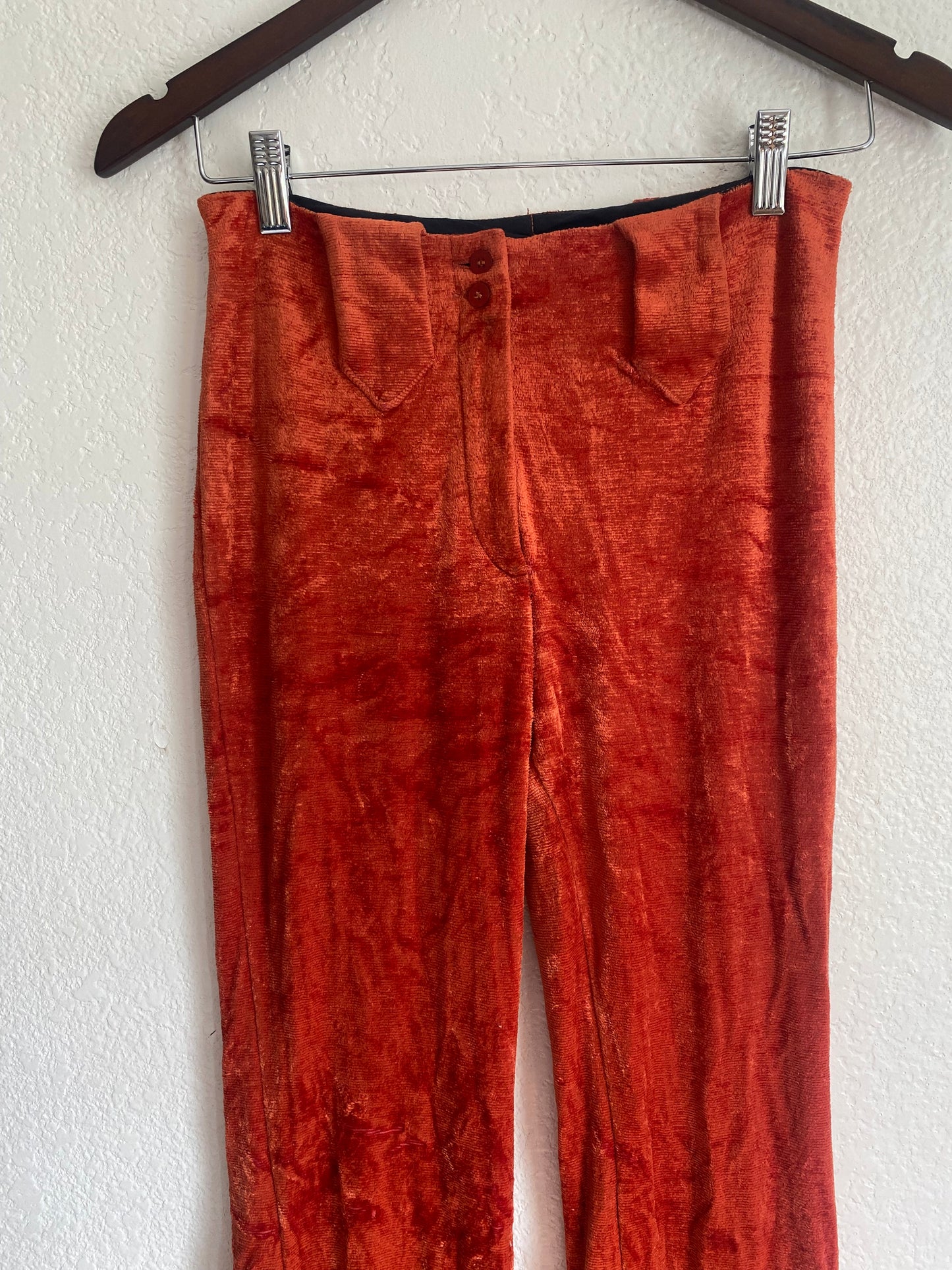 1970s mid rise burnt orange velvet western bell bottom pants 28x31