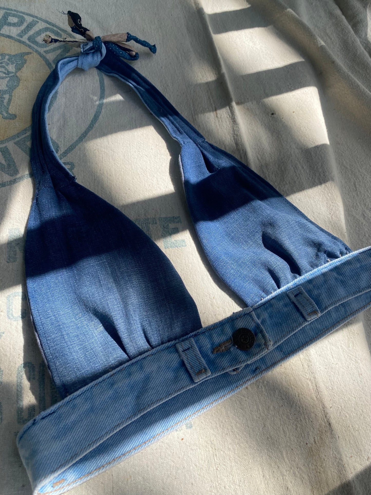 Hand made 1970s style denim halter top bra xs