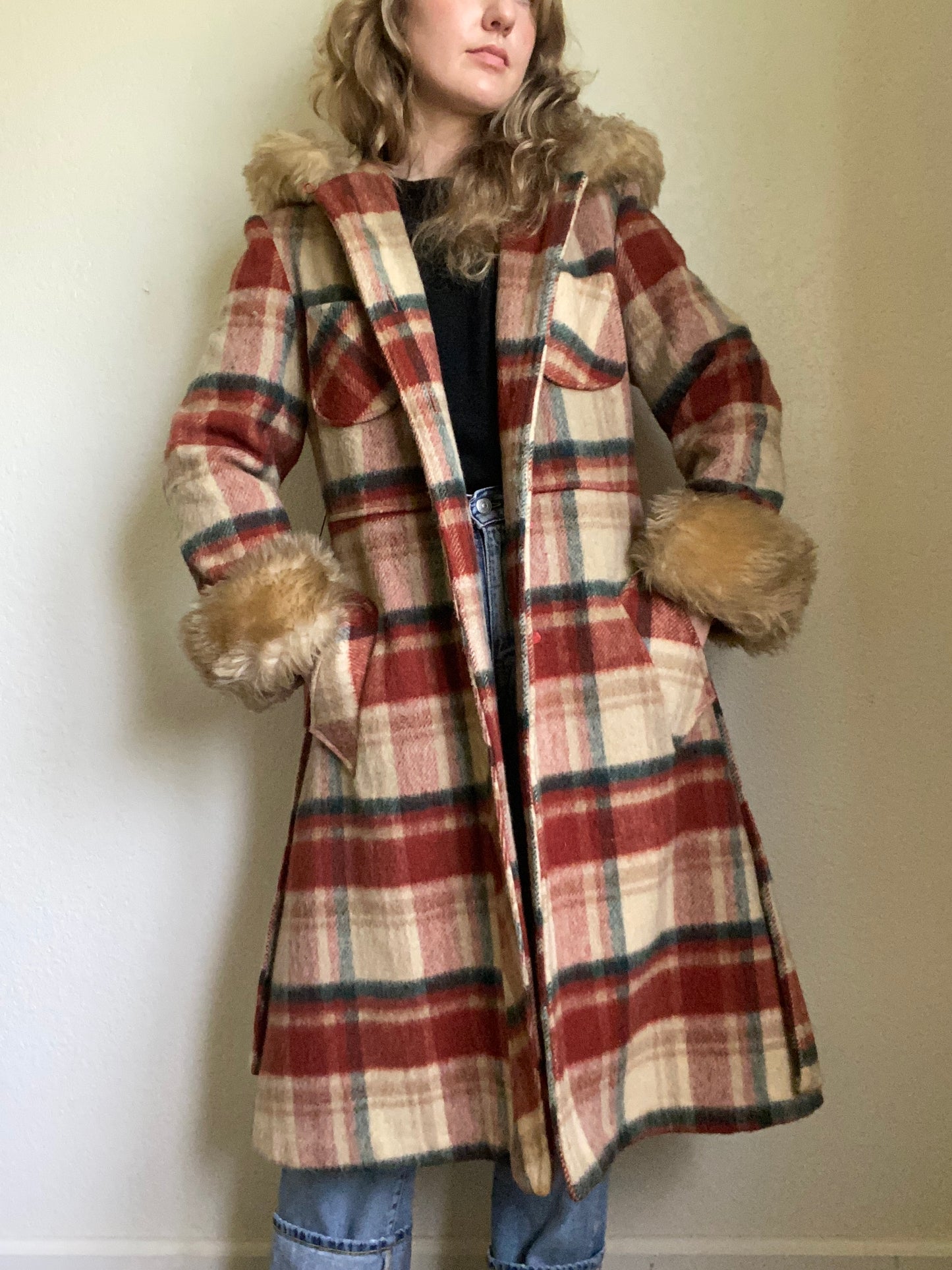 1970s Wool Hooded Plaid Princess Coat