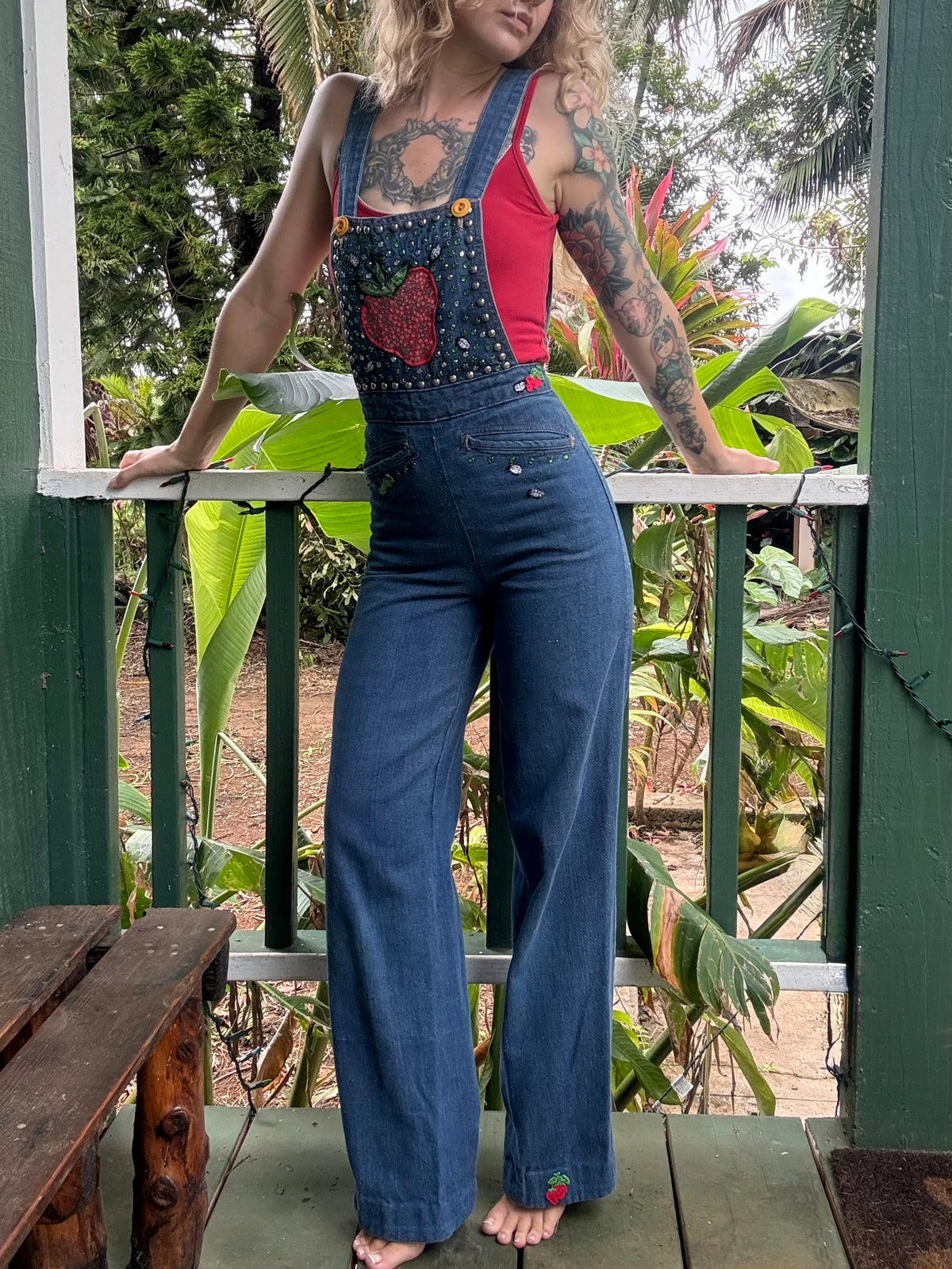 1970s Studded and Multi Patch Landlubber Denim Jumpsuit 25” w