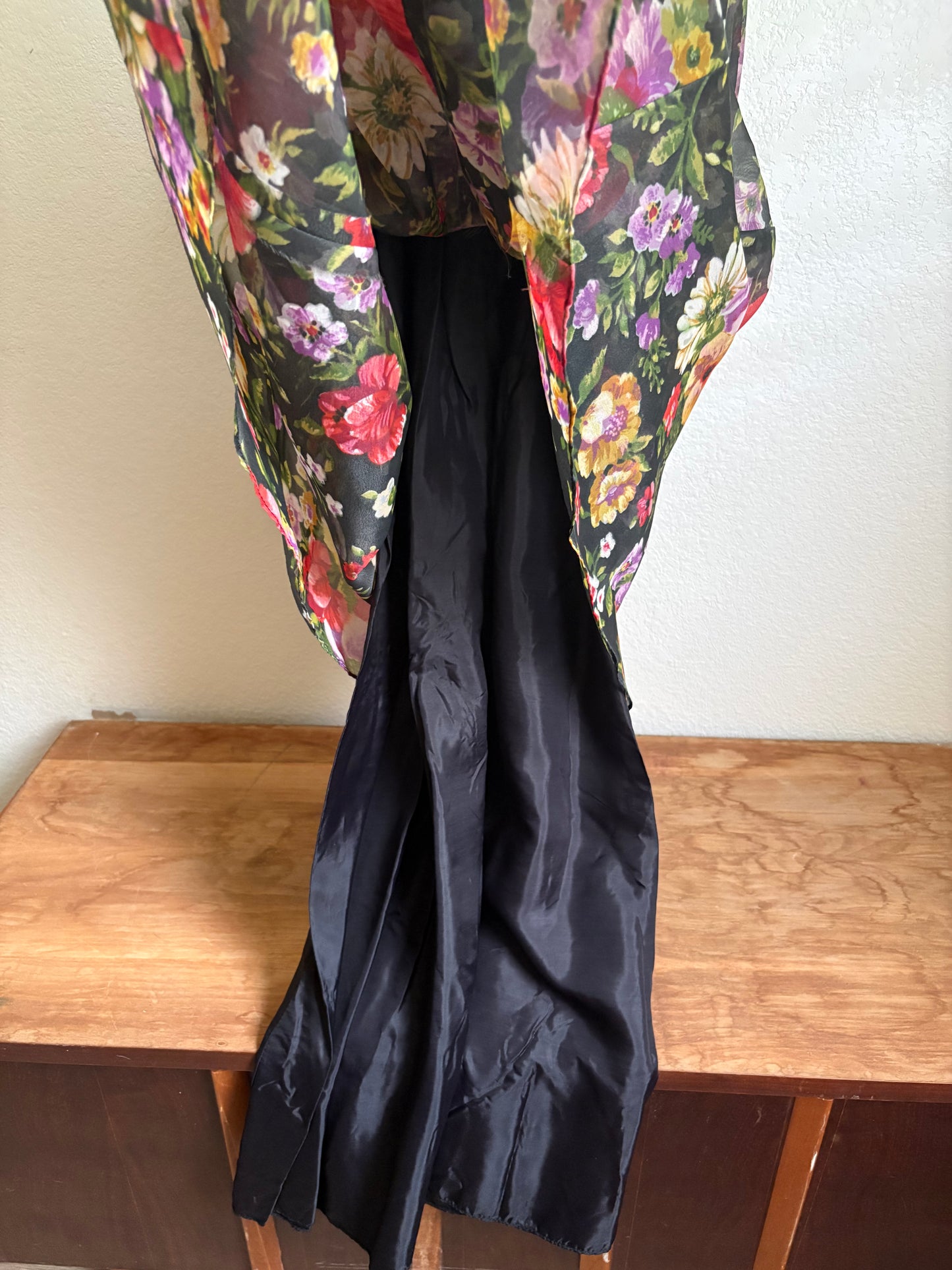 1970s Poppy Floral Print Shawl Maxi Dress Small Long