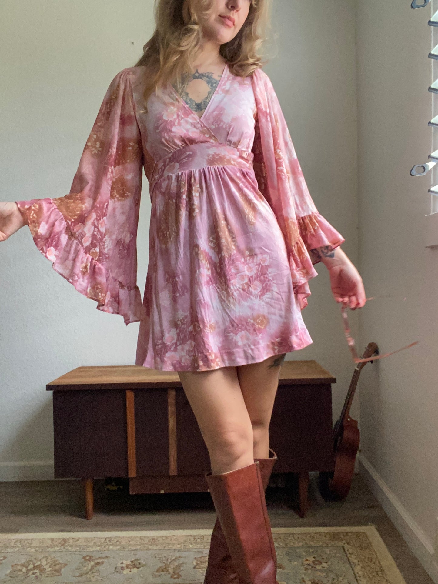 1970s Pink Floral Angel Sleeve Mini dress/ shirt XS S