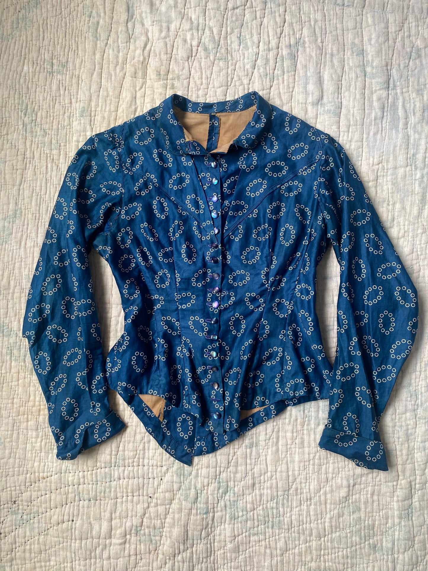 Late 1800s Early 1900s Antique Blue Cotton Calico Bodice Blouse