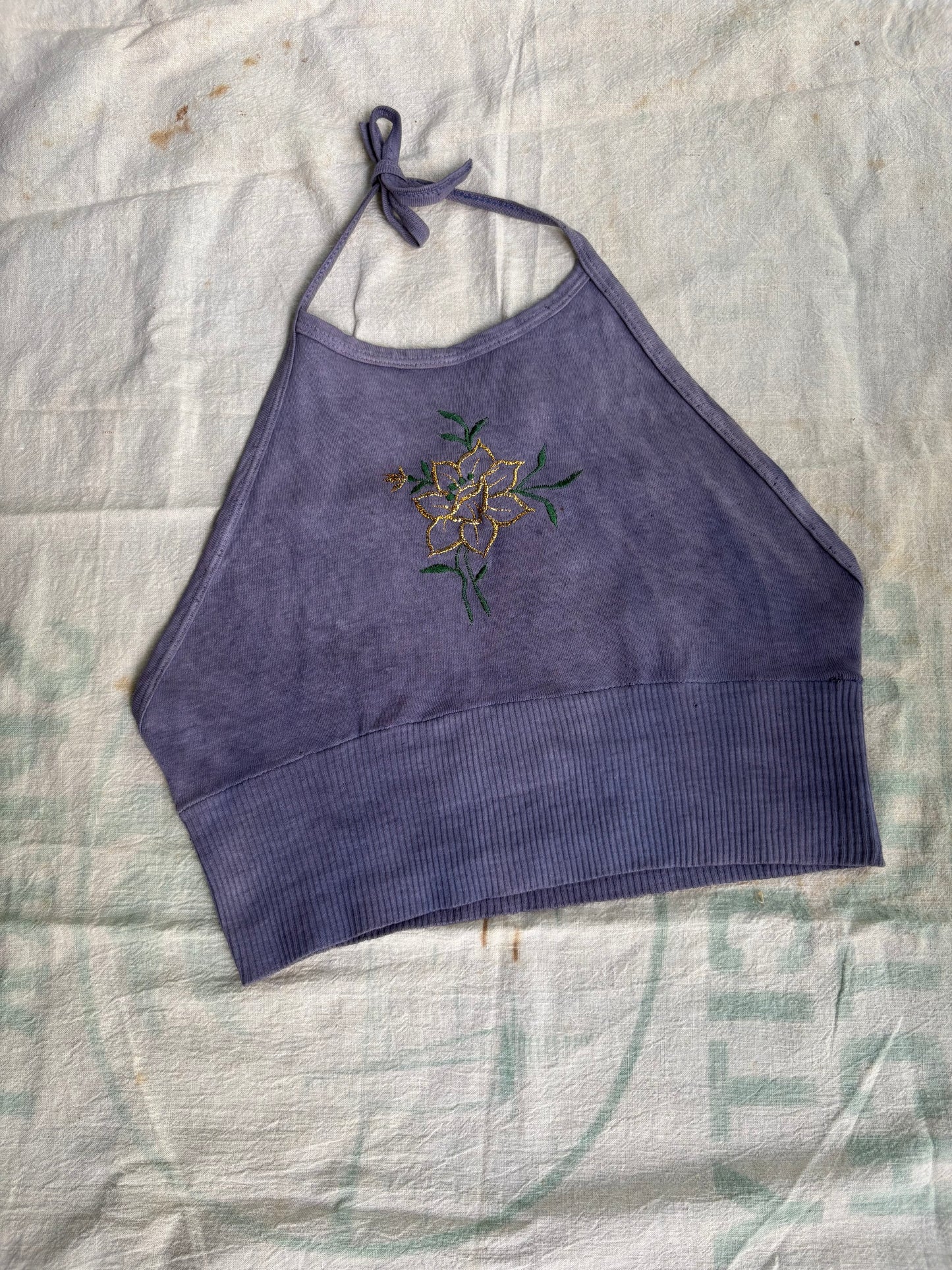 1970s flower embroidery cotton halter top