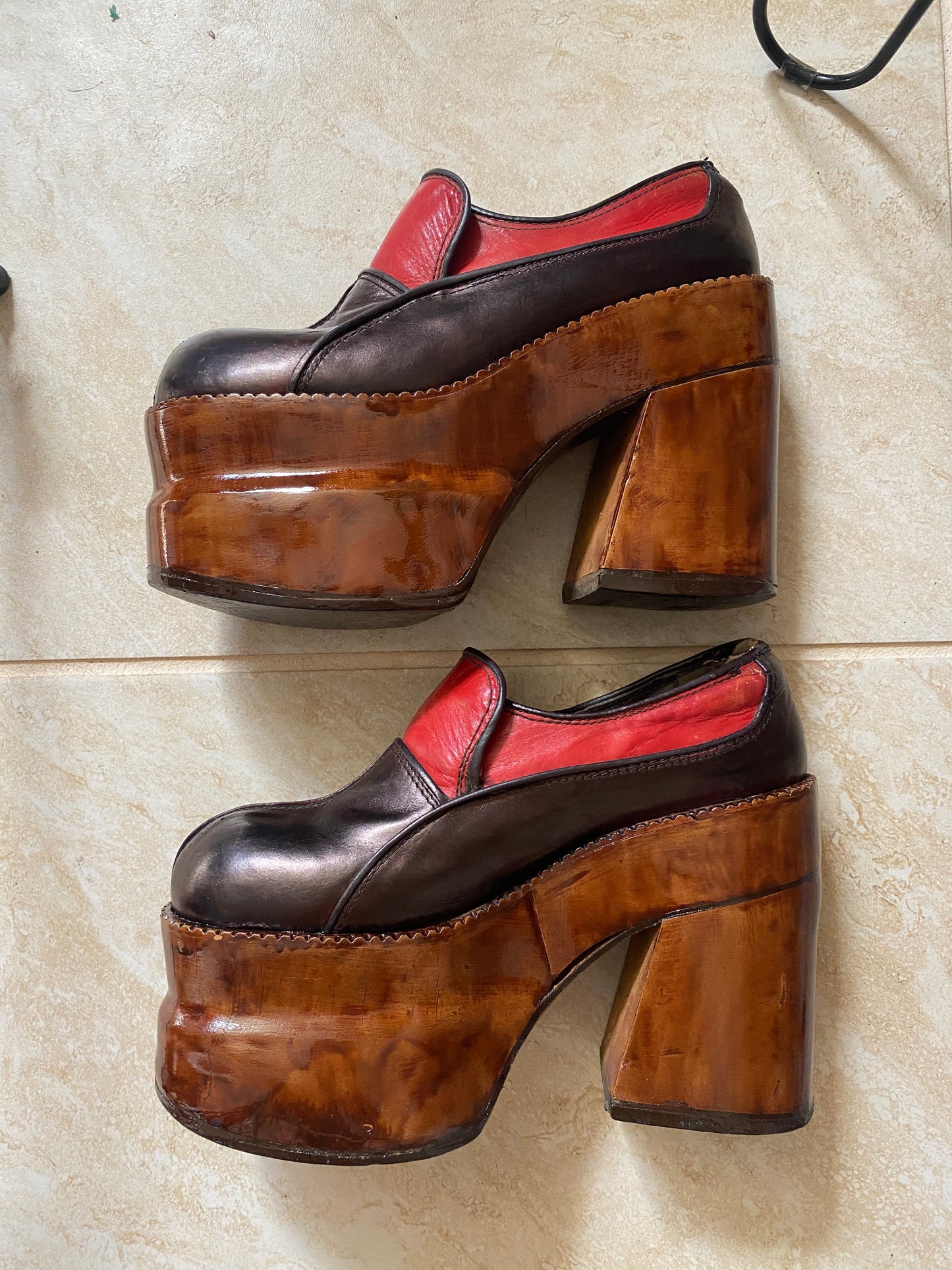 1970s Multicolor Leather Wooden Platform Shoes