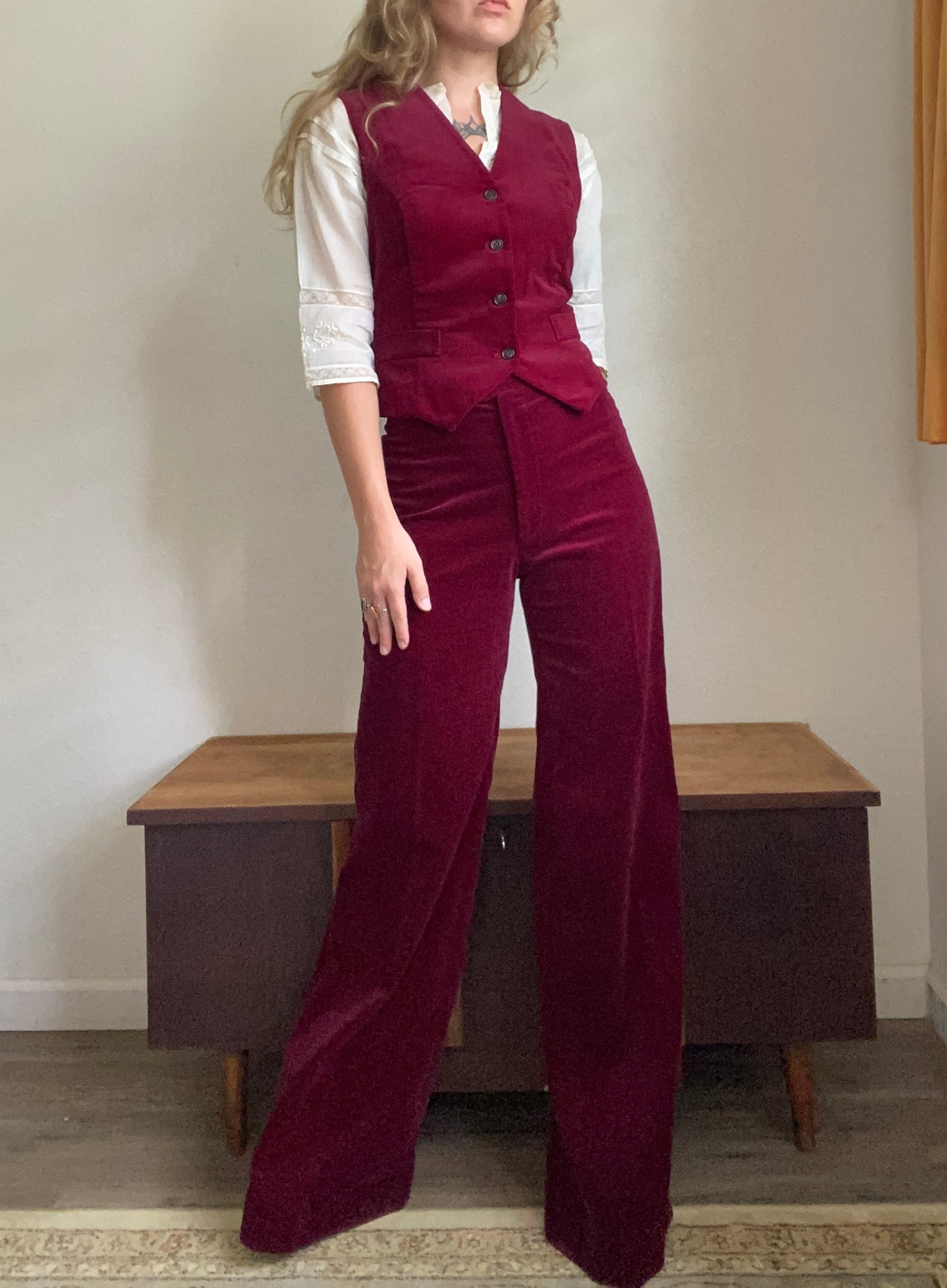 1970s Burgandy velvet 2 piece pants and vest suit set by SIR… for her