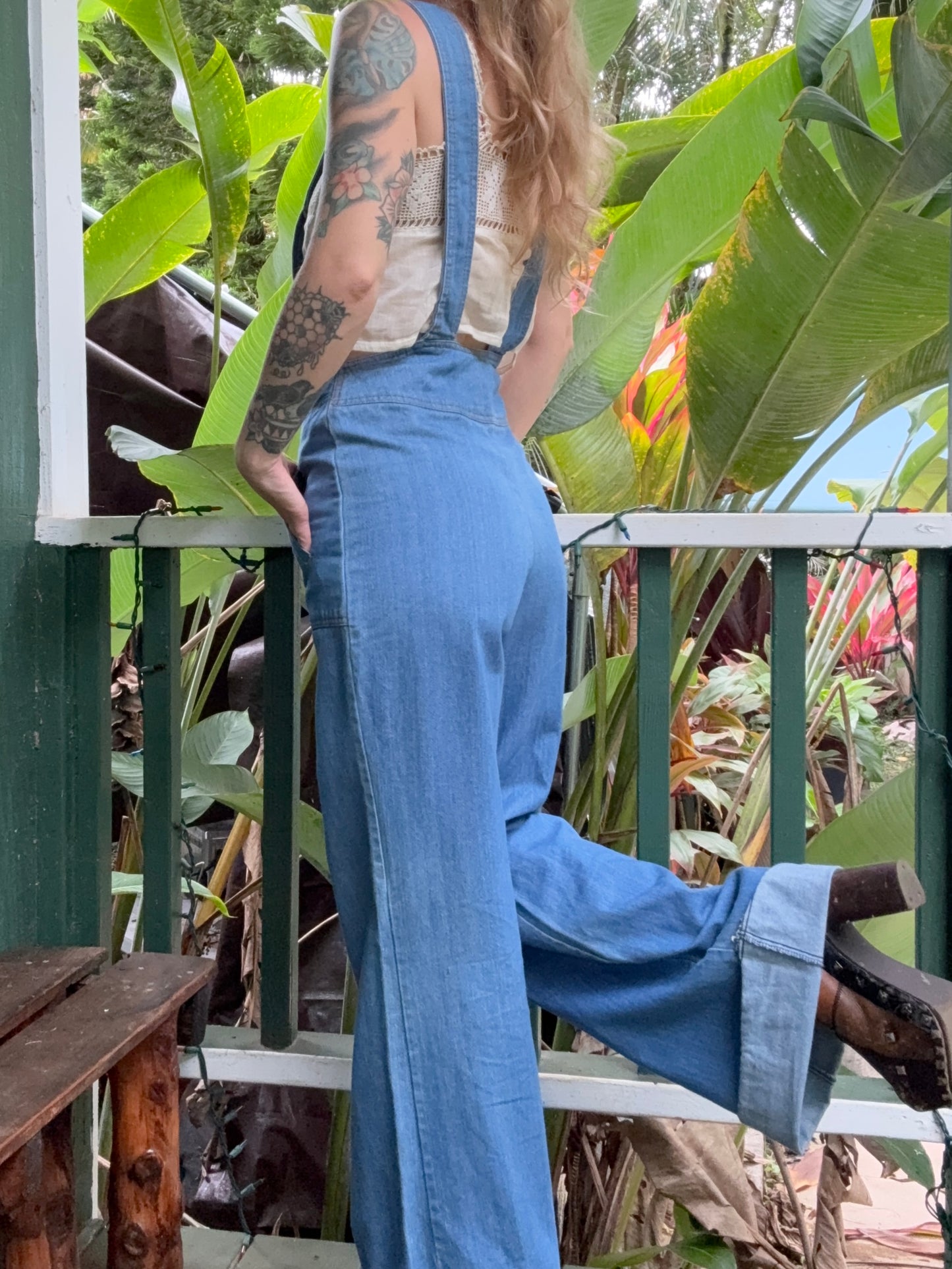 1970s Low Back Wide Leg Denim Jumpsuit by NLF  26x35 small Long