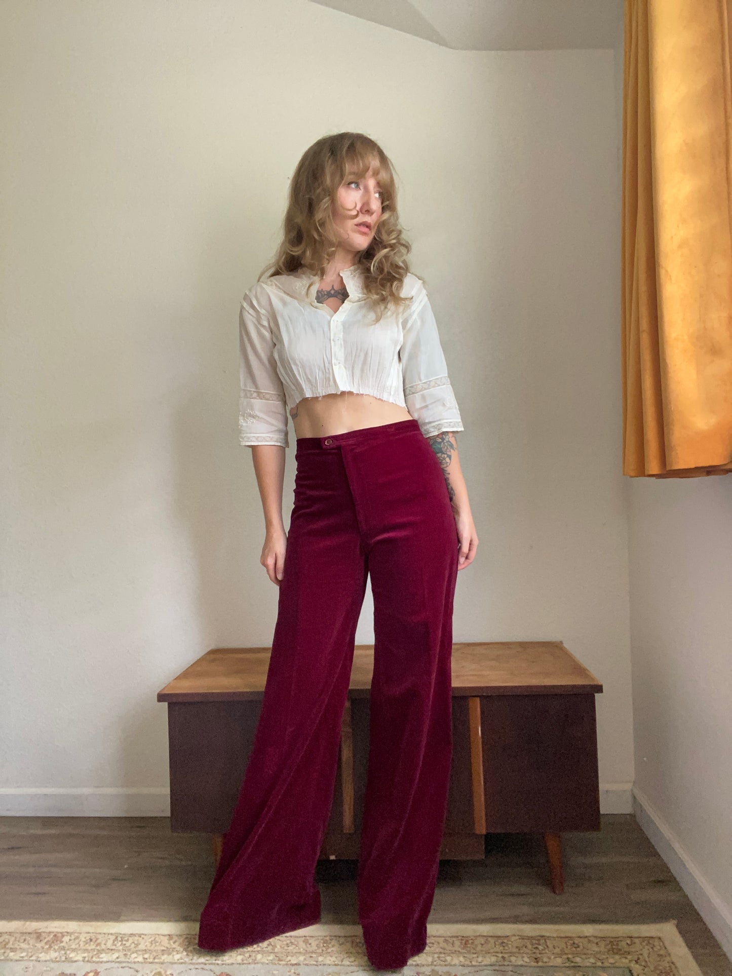 1970s Burgandy velvet 2 piece pants and vest suit set by SIR… for her