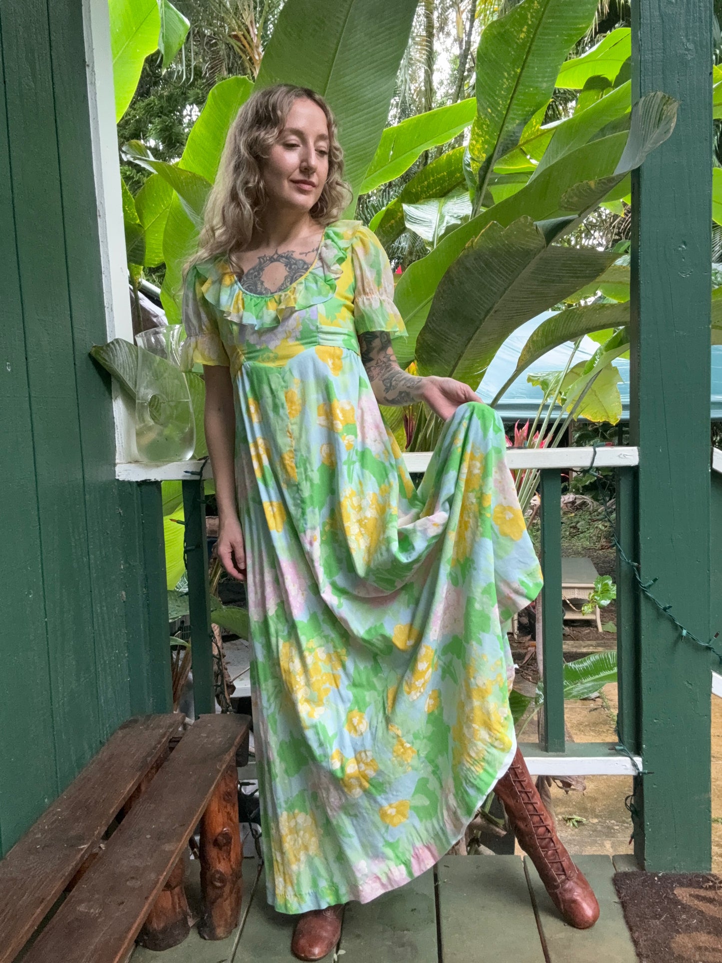 1970s Spring Floral Cotton floor-length Prairie Dress XS/Small