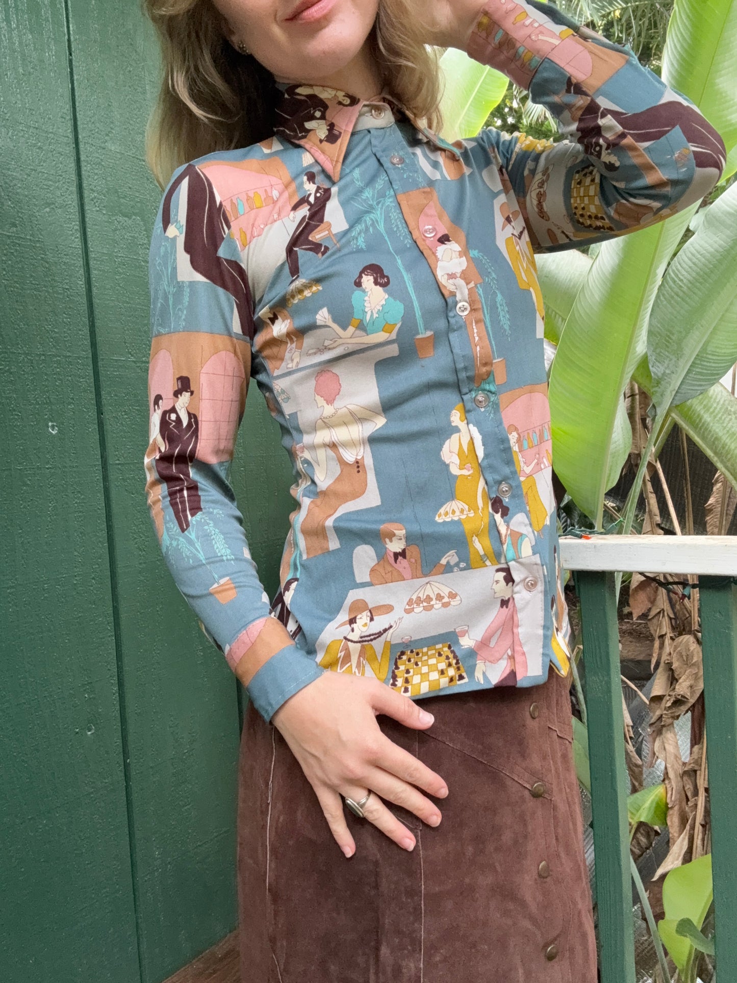 1970s Nylon Bar Scene Novelty Button up blouse Small