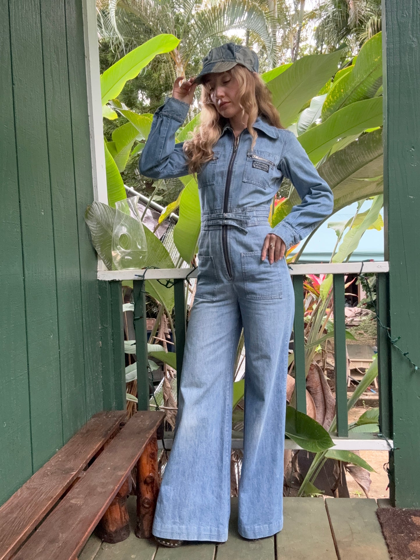 1970s Long Sleeve Bell Bottom Denim Jumpsuit Mr Berrie