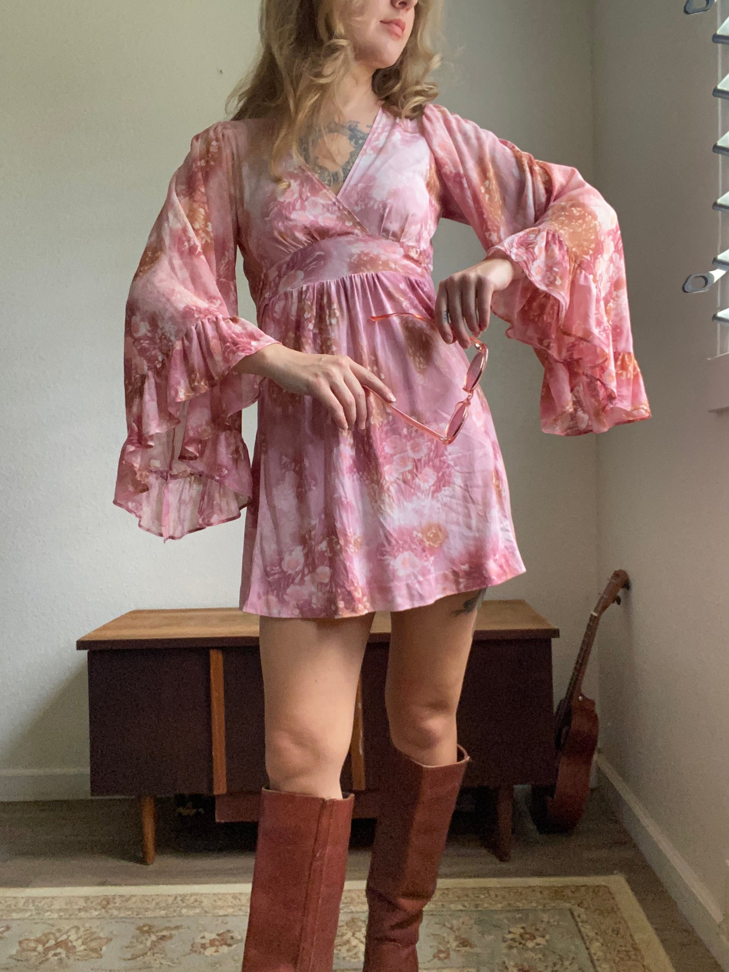 1970s Pink Floral Angel Sleeve Mini dress/ shirt XS S