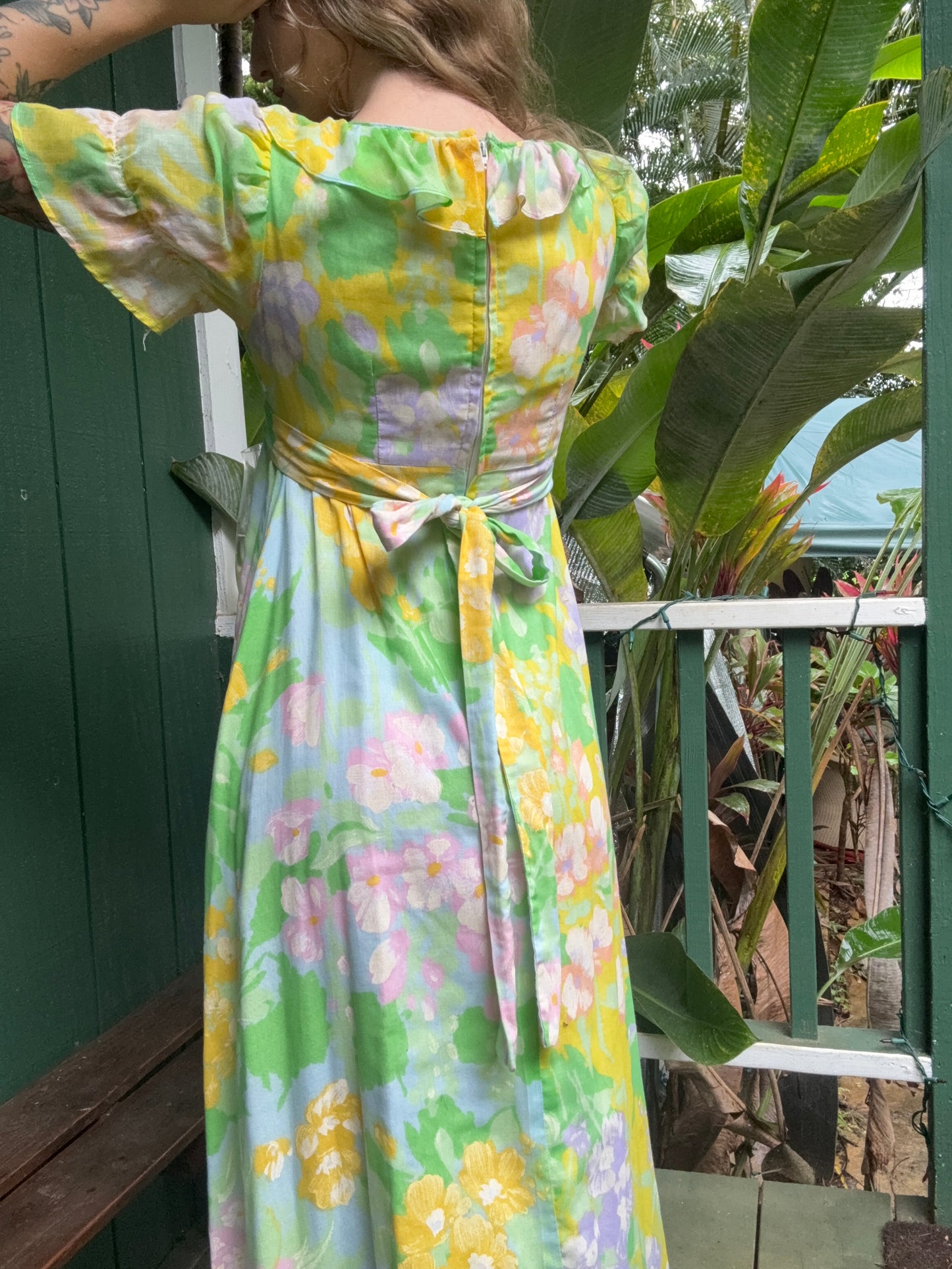 1970s Spring Floral Cotton floor-length Prairie Dress XS/Small