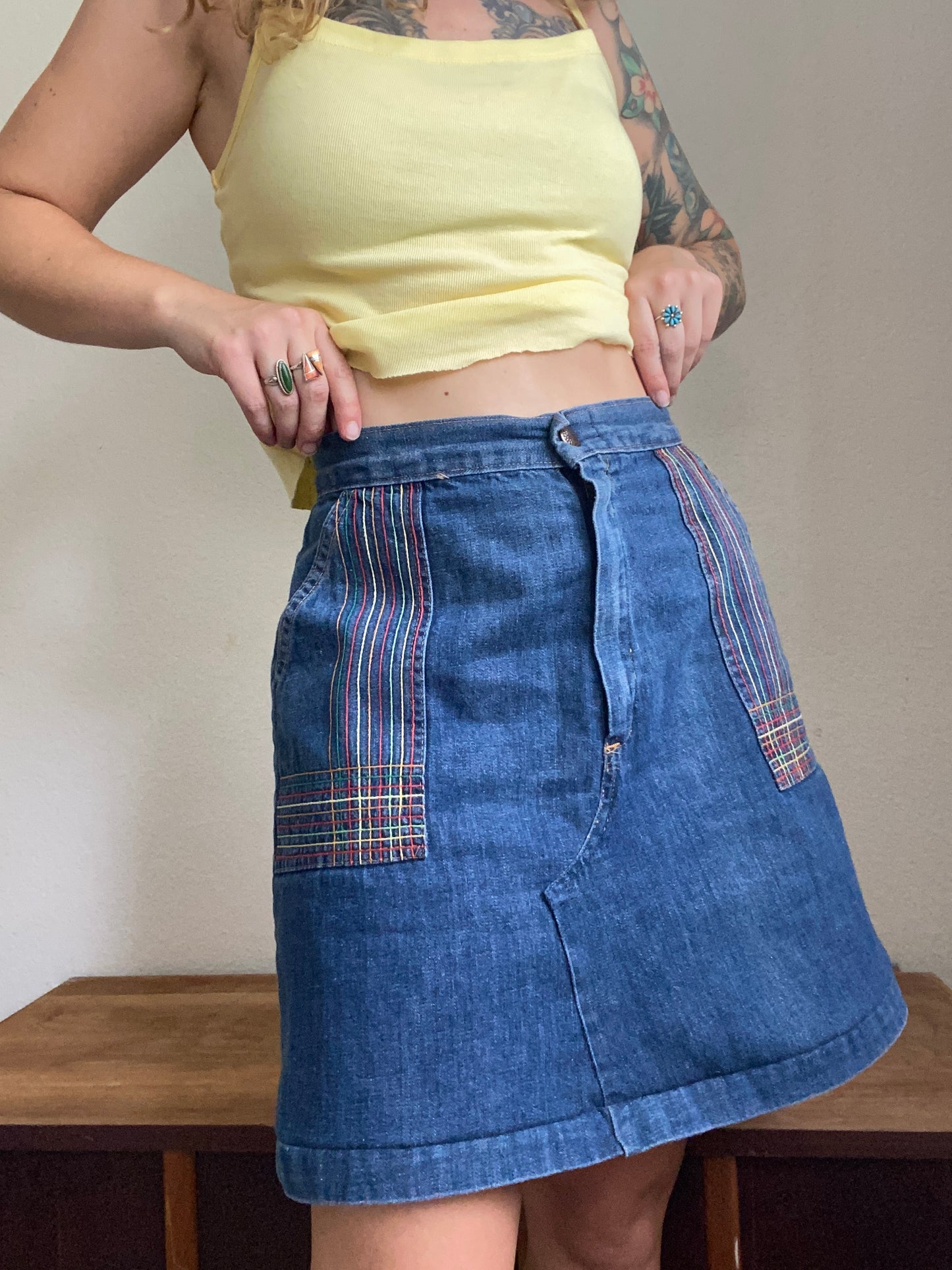 1970s Rainbow embroidered denim skirt