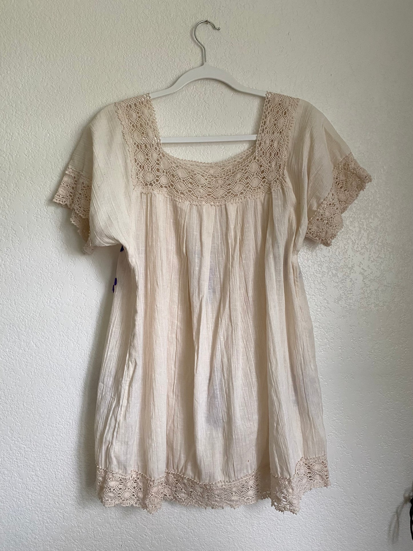 1970s Gauze Cotton Floral Embroidered Mini Dress