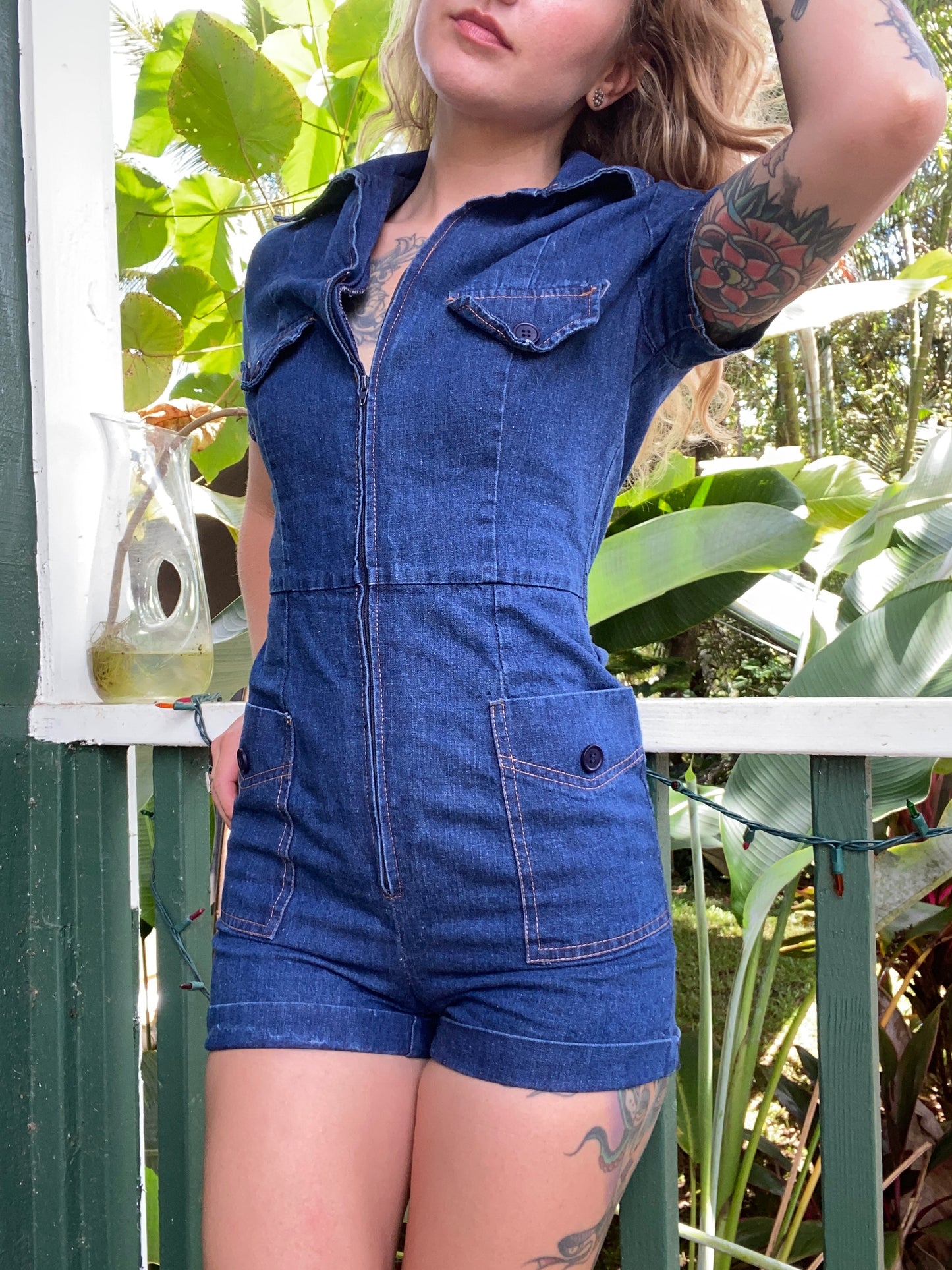 1970s Happy Legs denim shorts romper jumpsuit