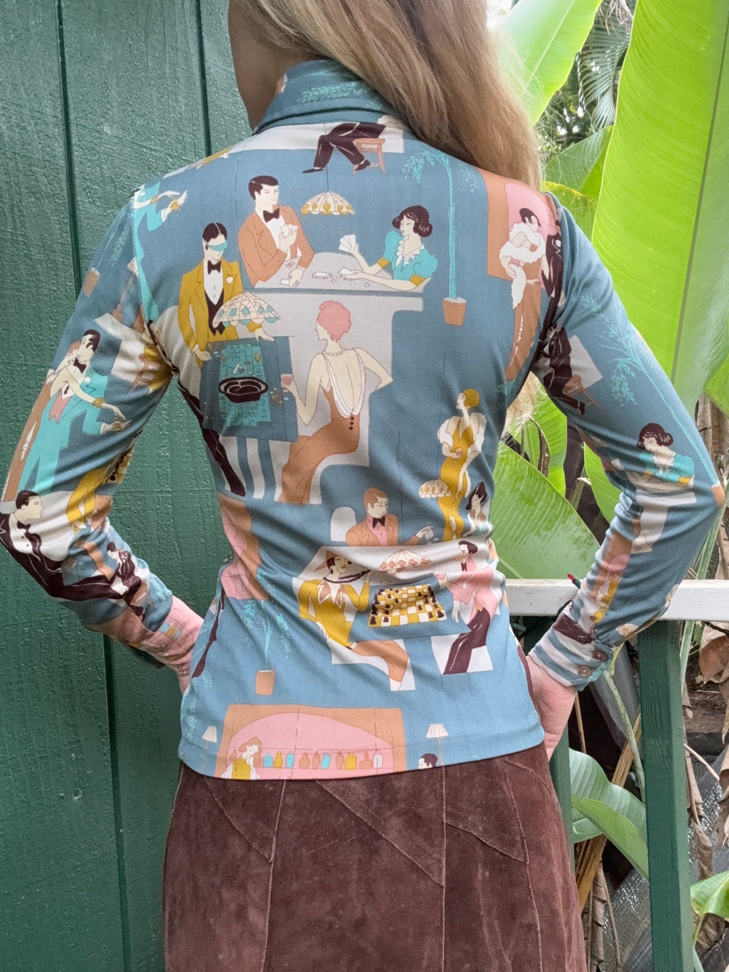 1970s Nylon Bar Scene Novelty Button up blouse Small