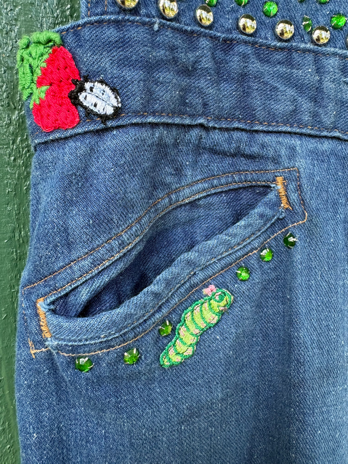 1970s Studded and Multi Patch Landlubber Denim Jumpsuit 25” w