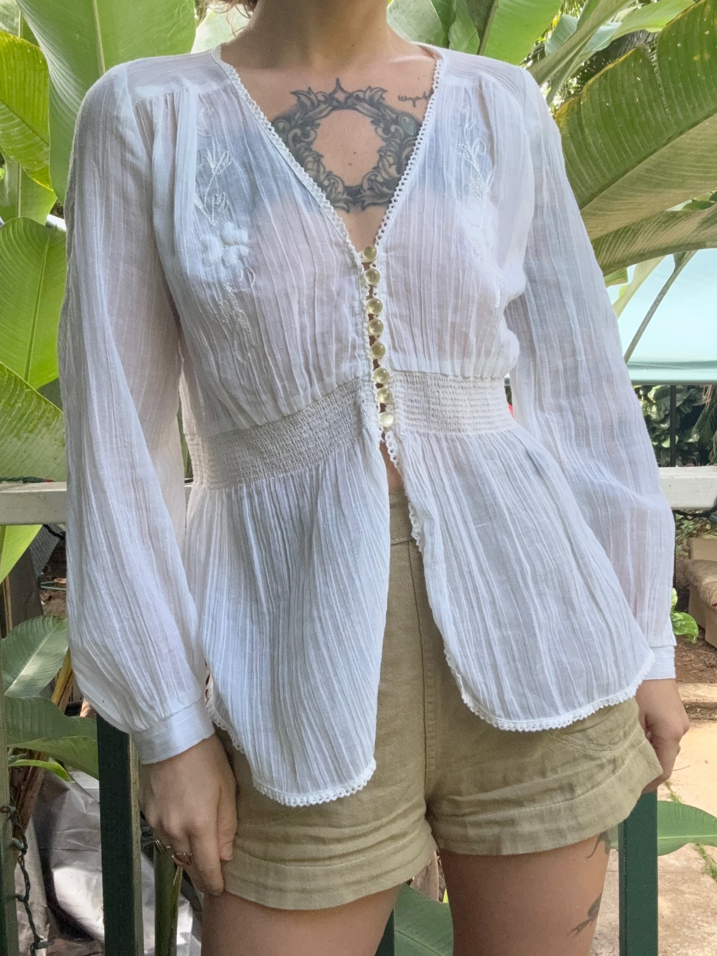 1970s Irene Kasmer semi sheer white cotton blouse