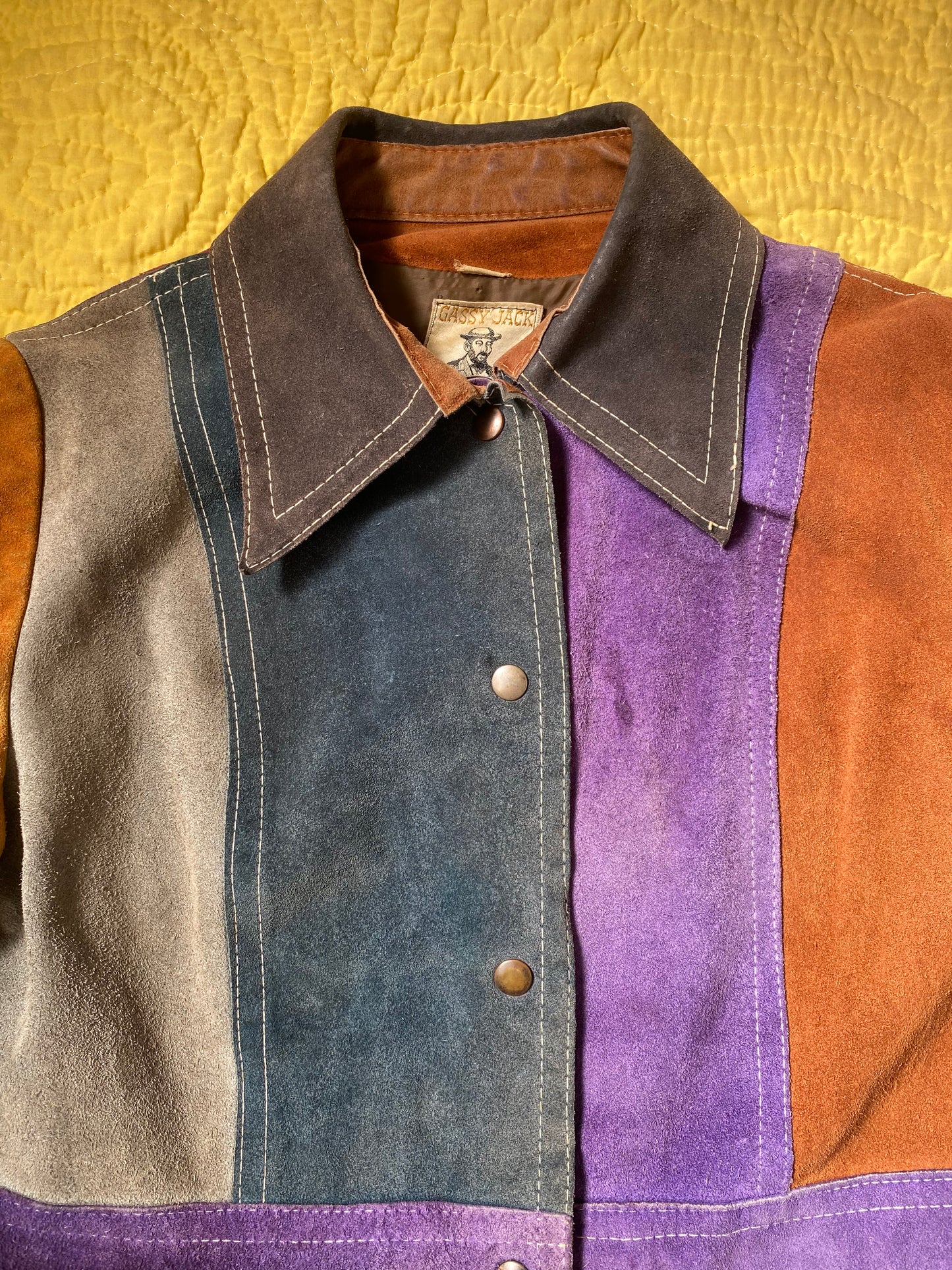 1970s Gassy Jack Color Block Suede Leather Coat Large