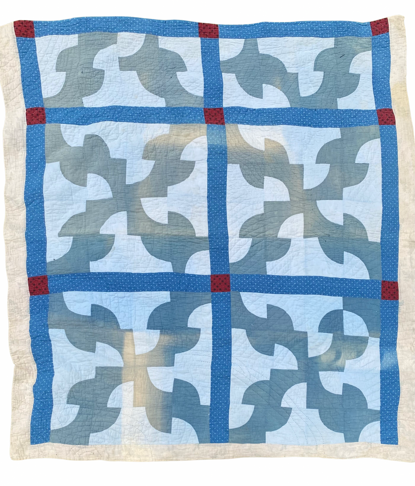 Antique Early 1900s Blue Calico Drunkards Path Quilt