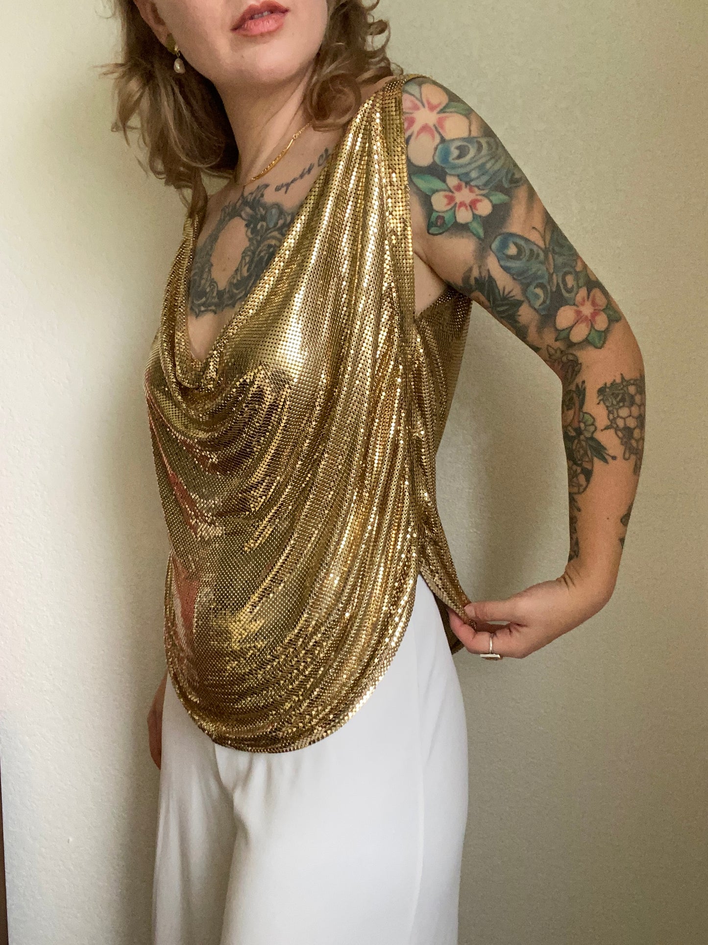 1980s Gold Whiting and Davis Chainmail Metal Mesh Blouse Top