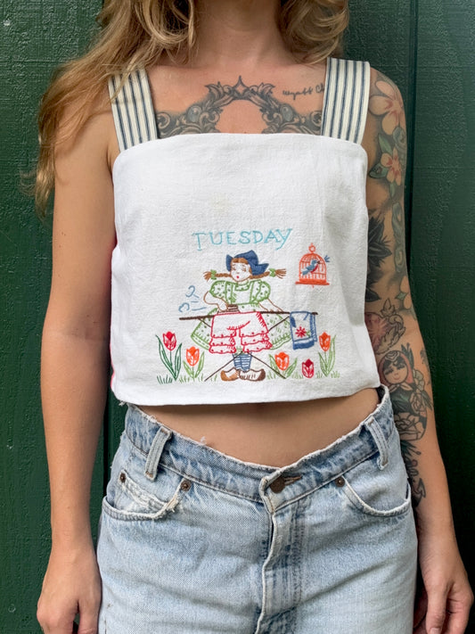 Vintage Handmade Tuesday Embroidered Tea Towel and Feed Sack Tank Top