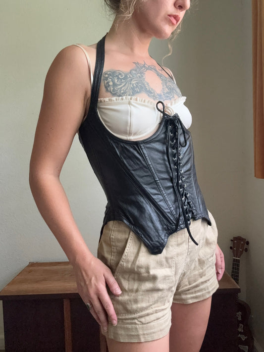 1980s Trashy Lingerie Leather Corset Bustier Halter Top Medium