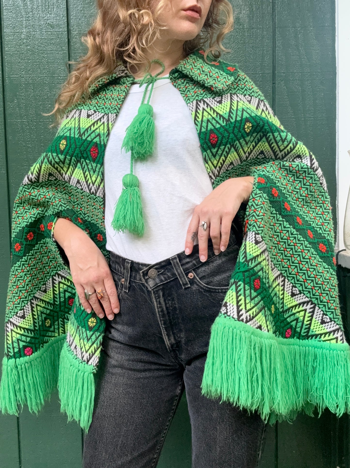 1960s or 1970s Woven Fringe Tapestry Cape Poncho