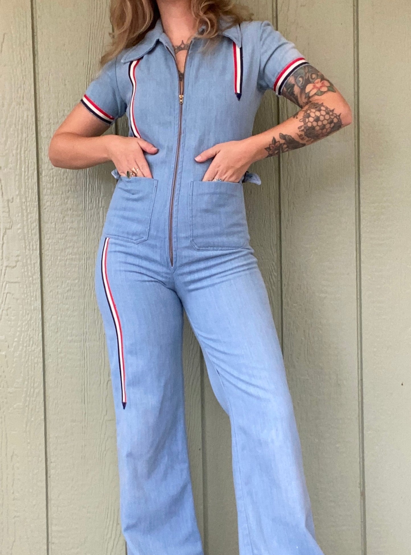 1970s Racing Stripe Denim Jumpsuit