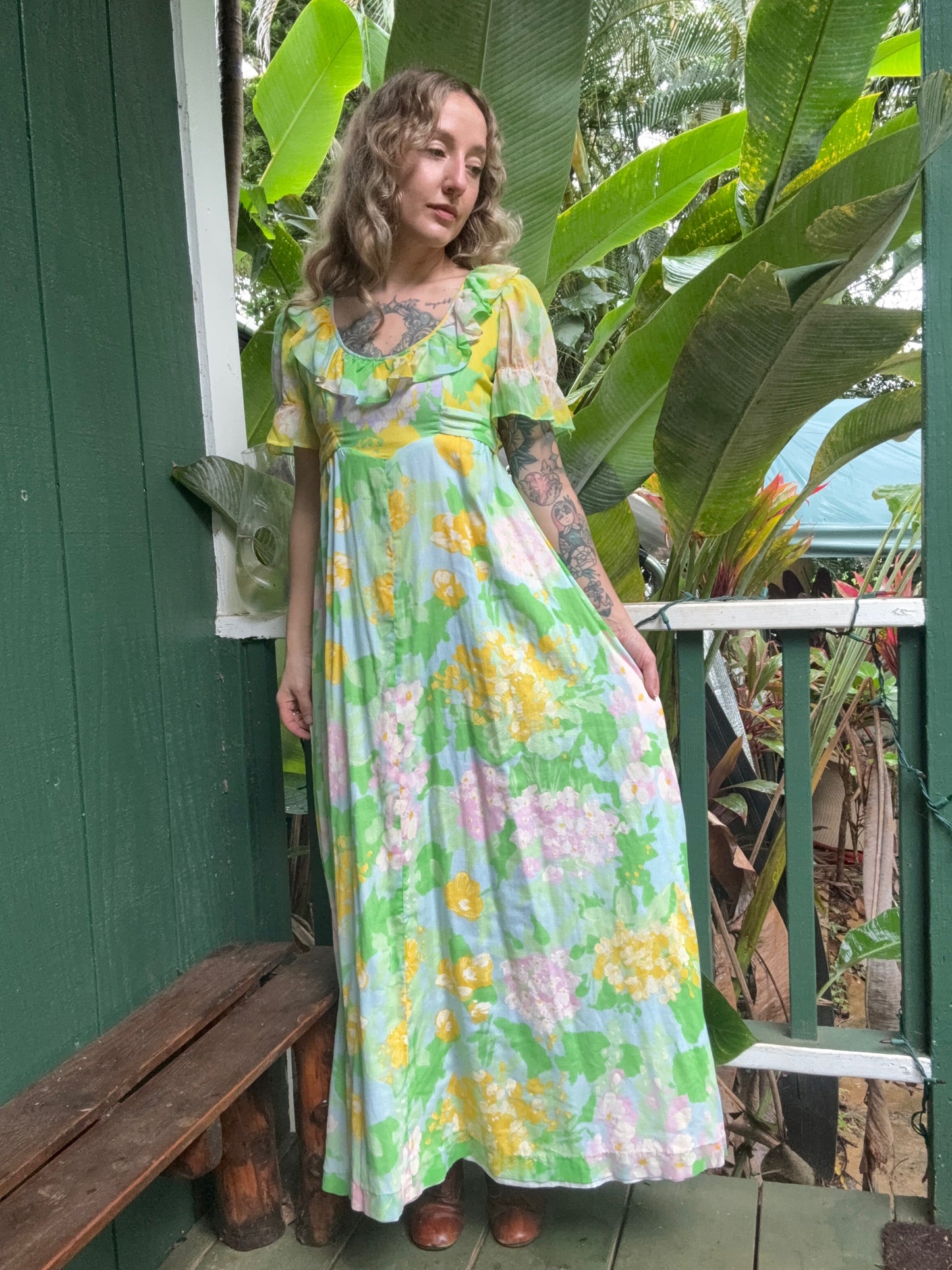 1970s Spring Floral Cotton floor-length Prairie Dress XS/Small