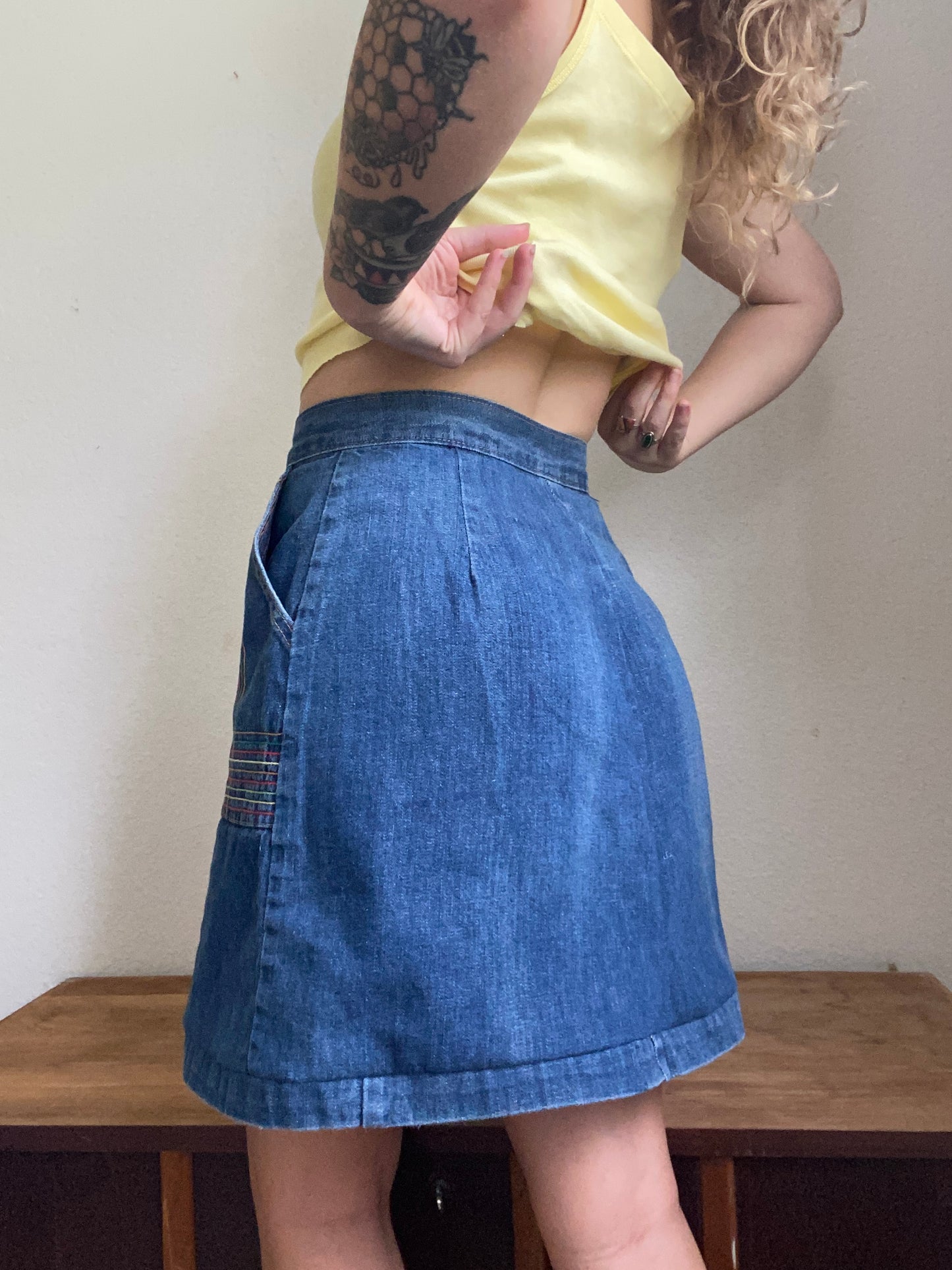 1970s Rainbow embroidered denim skirt