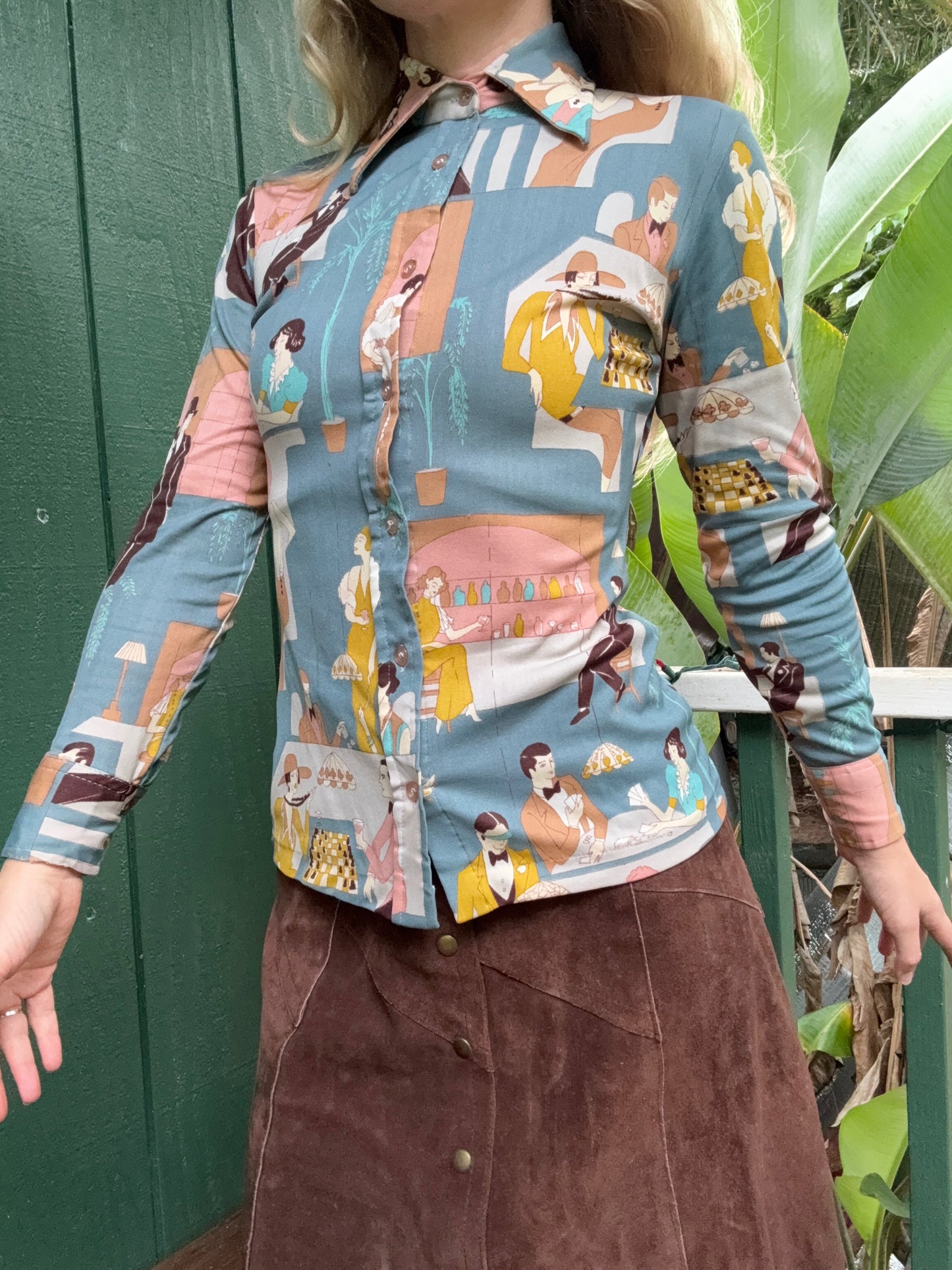 1970s Nylon Bar Scene Novelty Button up blouse Small