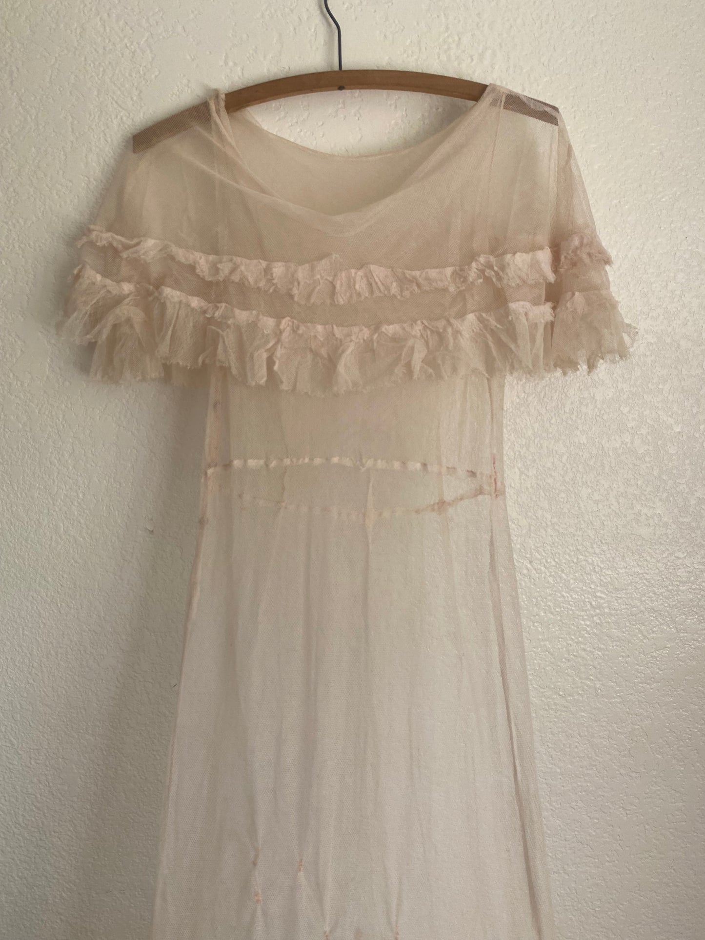 1930s Antique sheer pink net ruffle dress