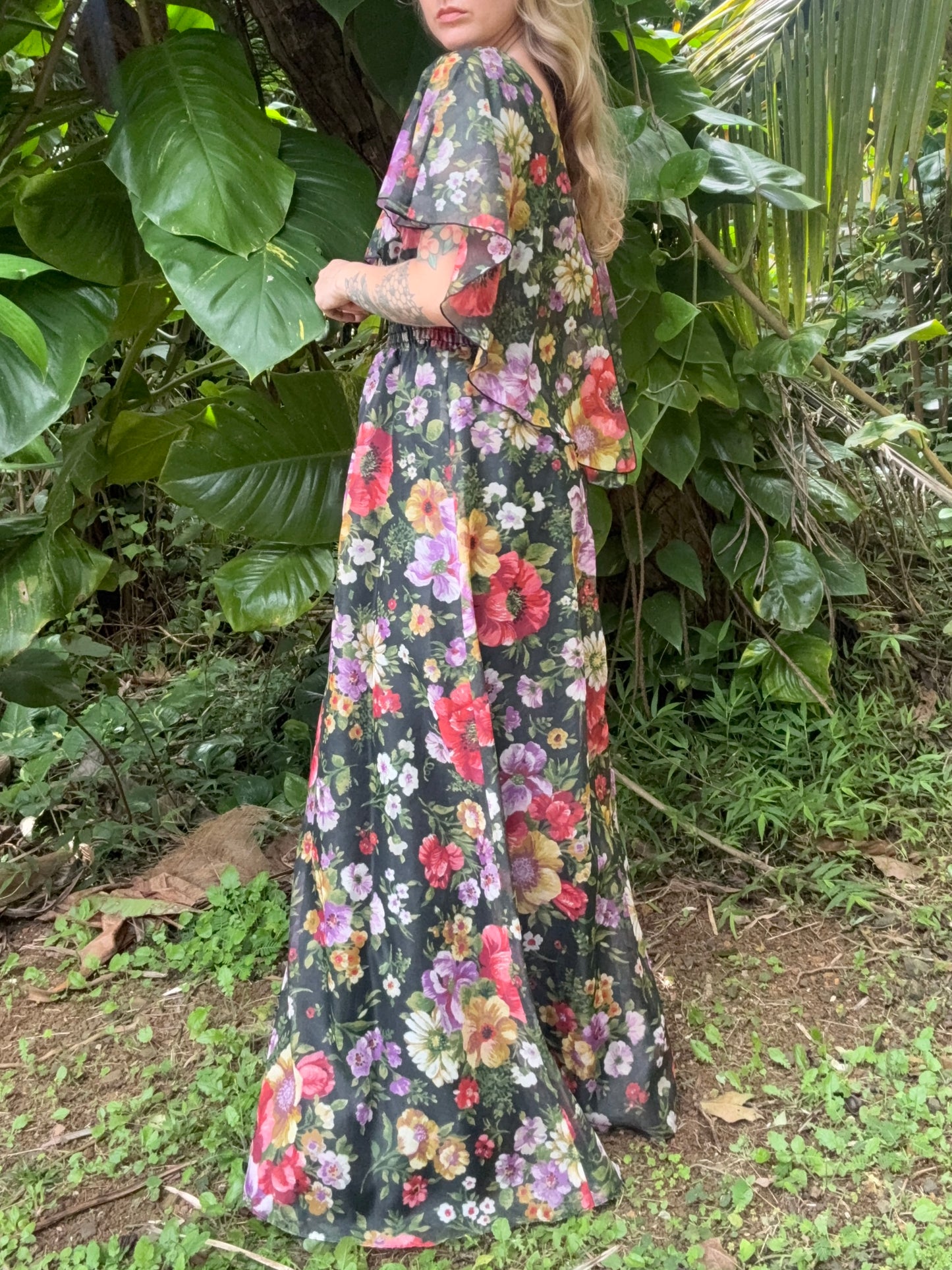 1970s Poppy Floral Print Shawl Maxi Dress Small Long