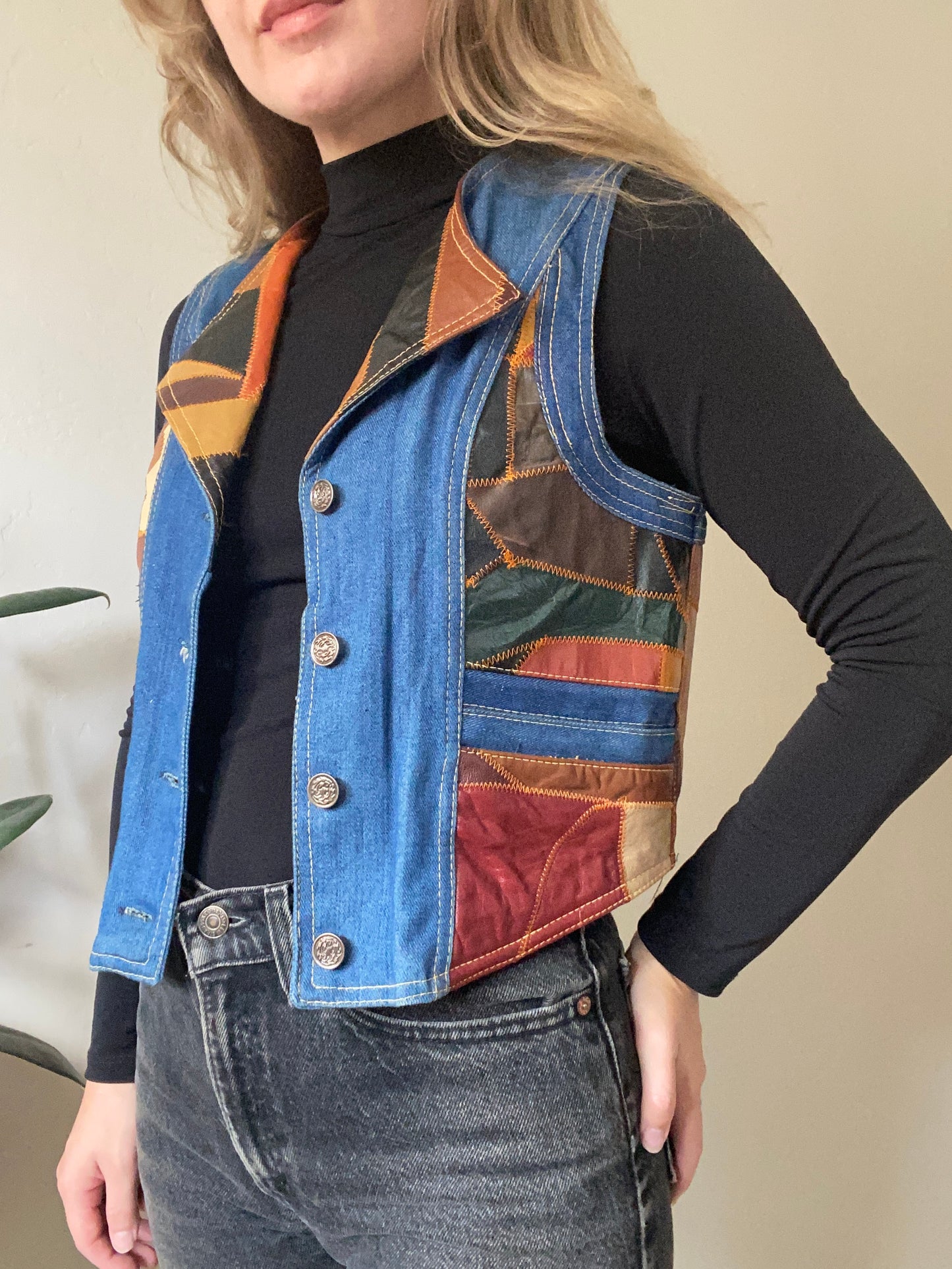 1970s Aura Patchwork Leather and Denim vest