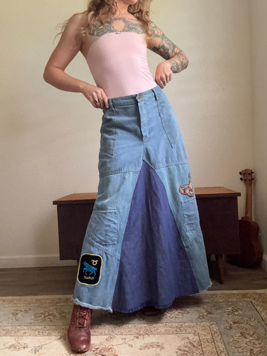 1970s Butterfly Patchwork Denim Skirt 29” waist