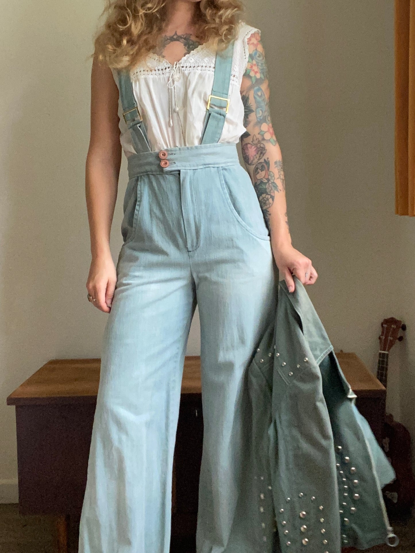 1970s Green Denim Suspender Bellbottom jumpsuit