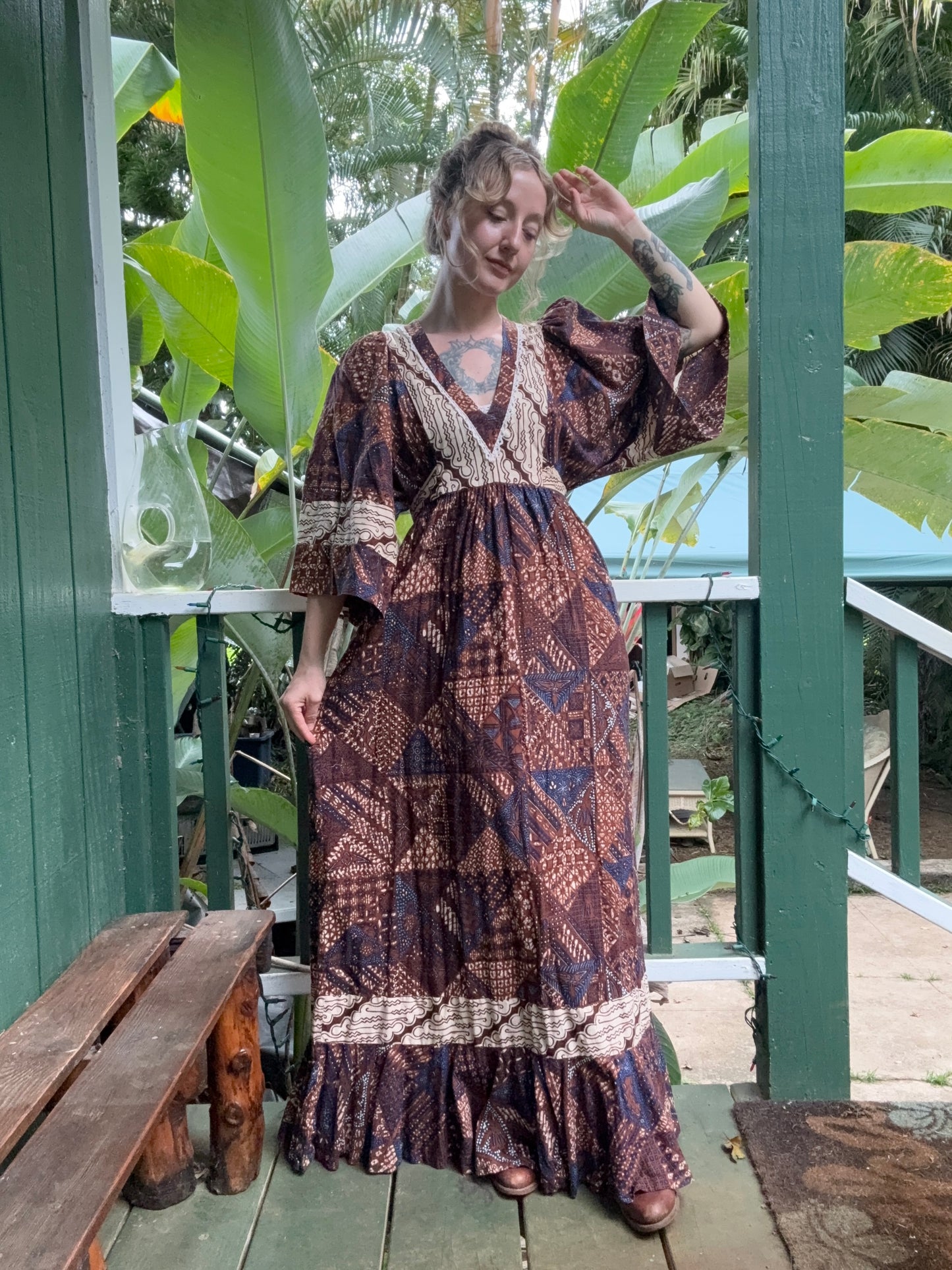 1970s Young Innocent by Arpeja Patchwork Kaftan Maxi Dress small