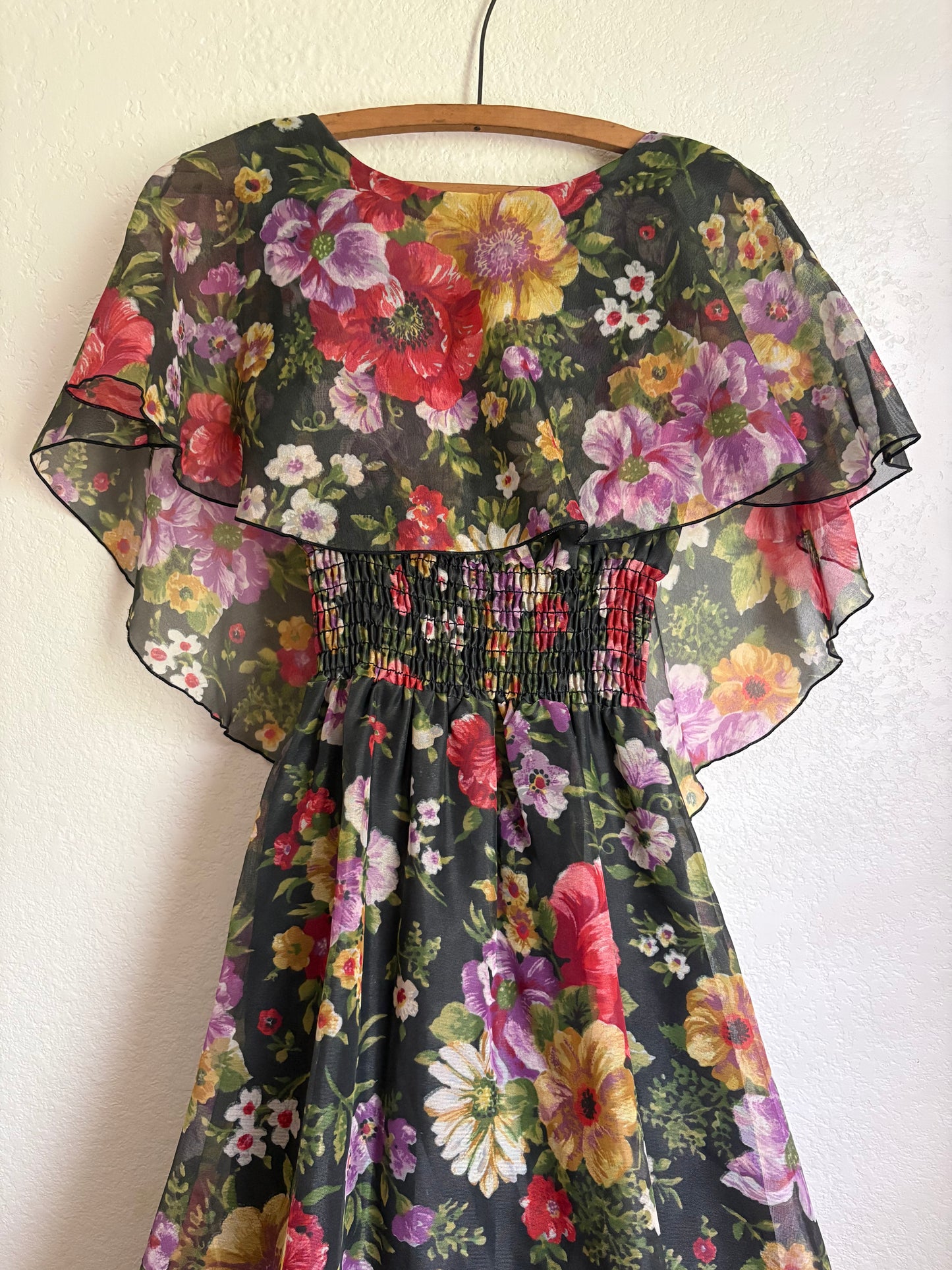 1970s Poppy Floral Print Shawl Maxi Dress Small Long