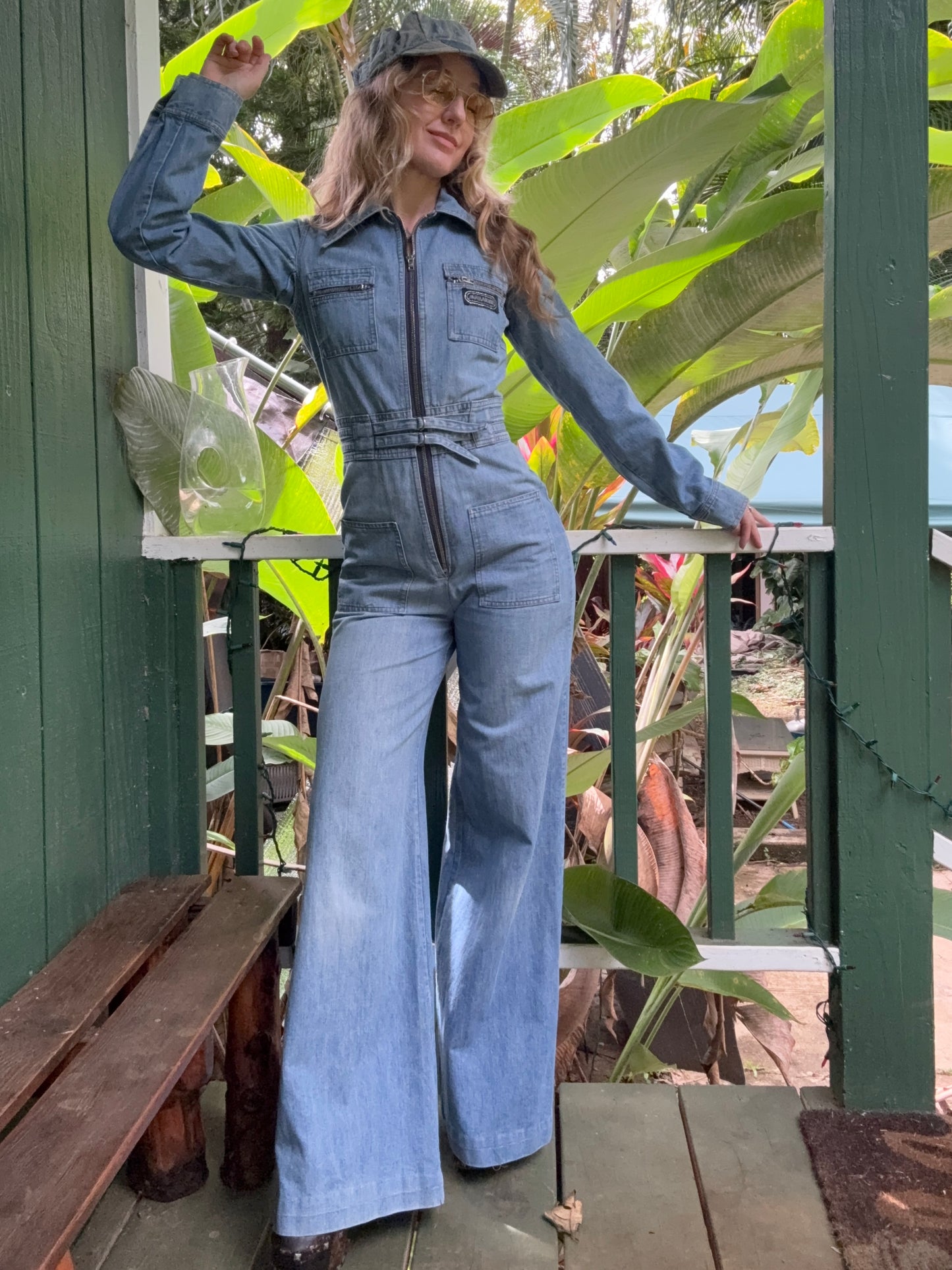 1970s Long Sleeve Bell Bottom Denim Jumpsuit Mr Berrie
