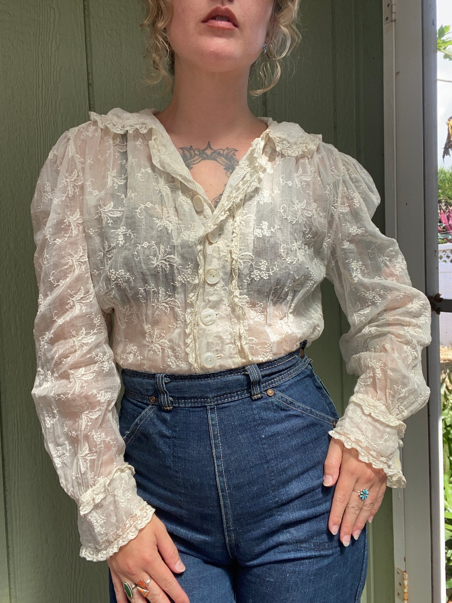 Antique Early 1900s Embroidered Cotton Button up Blouse